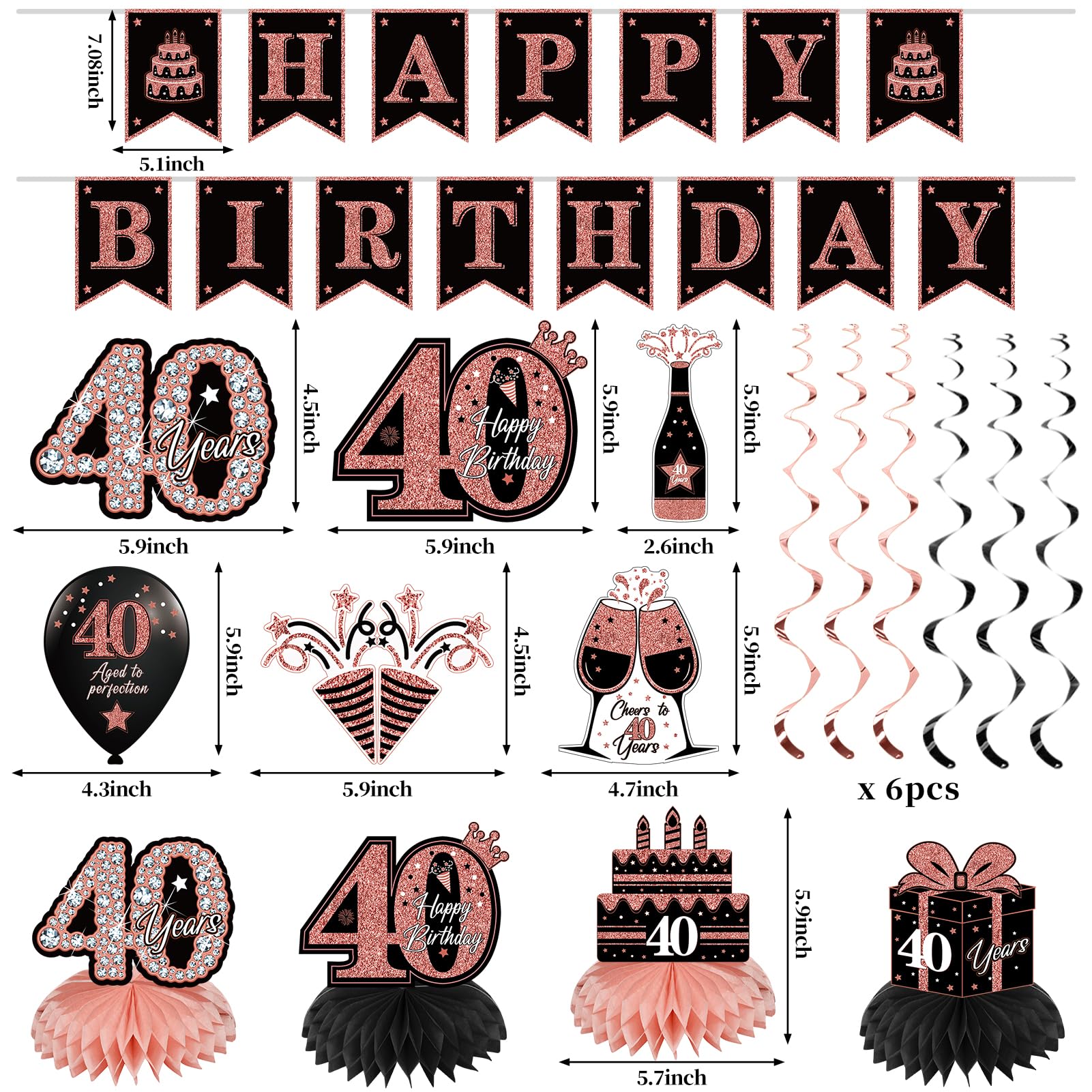 Eucutur 42Pcs 40Th Birthday Decoration Kit For Women, Rose Gold Happy 40Th Bday Banner Balloons Honeycomb Centerpiece Swirl Pape