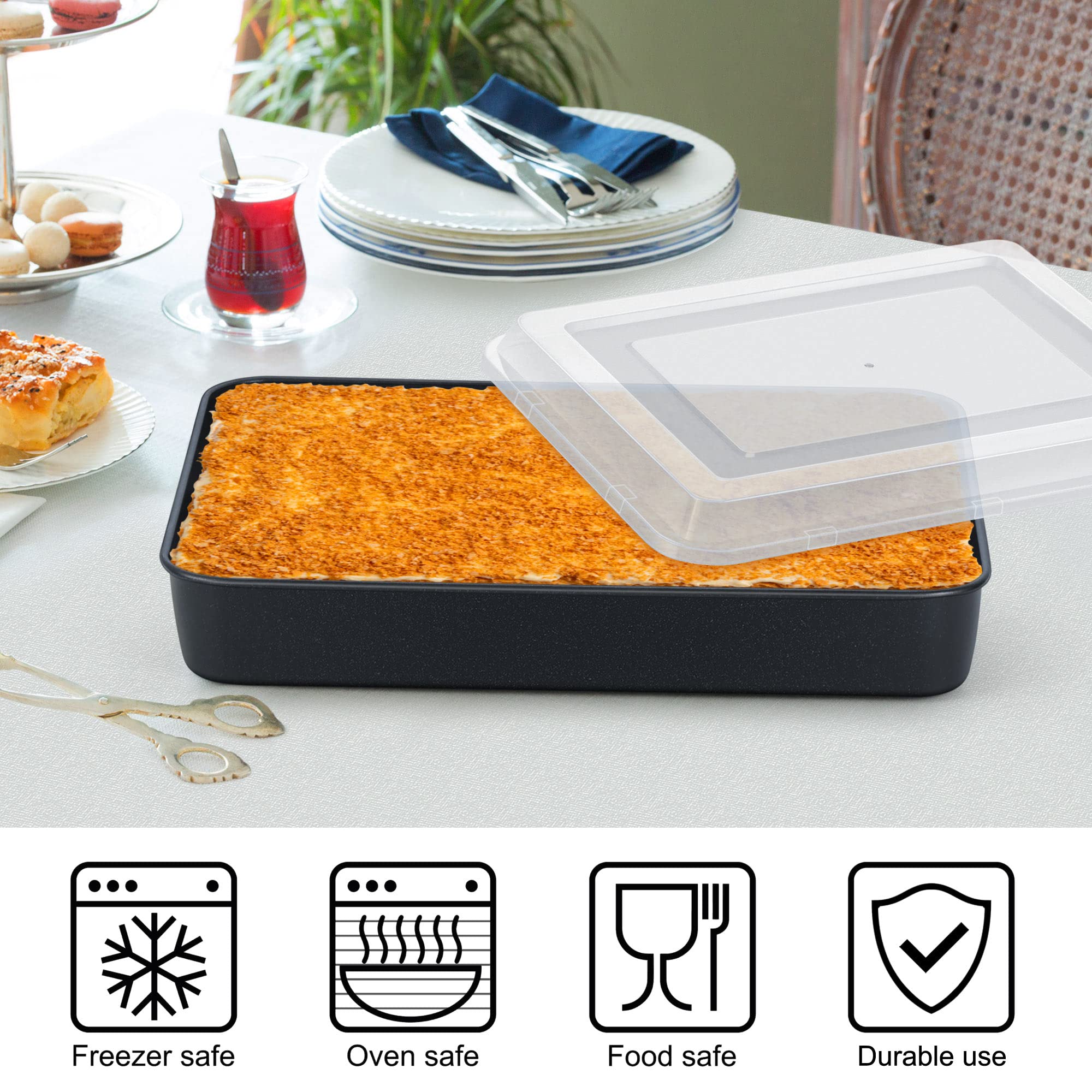 E-Far Baking Pan With Lid, 9.75 X 12.5 X 2 Inch Nonstick Rectangle Cake Pans With Covers, 2 Sheet Pans Bakeware And 2 Lids For B