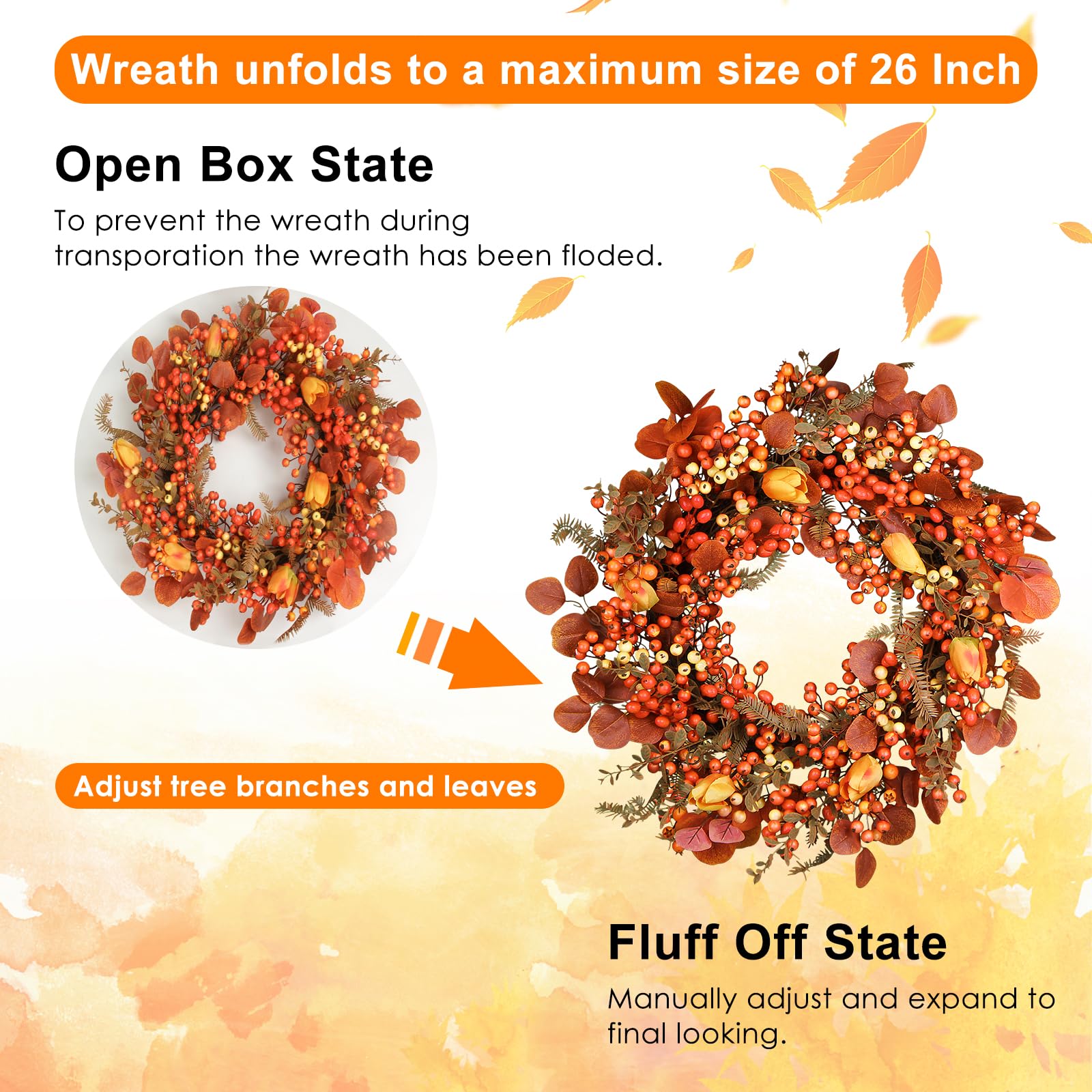 DFRREN 26 Inch Thanksgiving Fall Wreath, Autumn Wreaths for Front Door Fall with Maple Leaves,Oak Leaves,Flowers,and Berries, fo