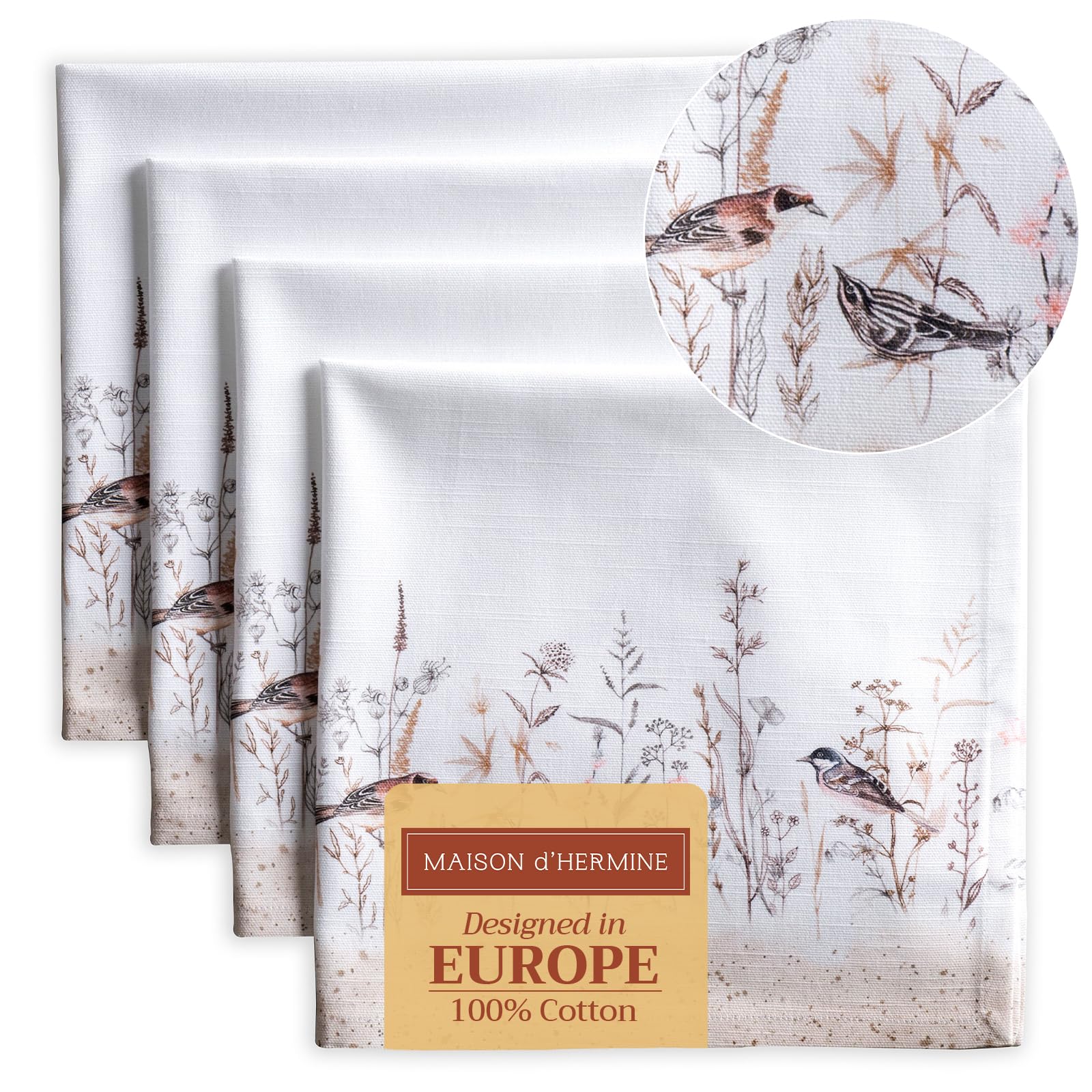 Maison d' Hermine Napkins 100% Cotton Decorative Set of 4 Cloth Napkin Washable Dinner Napkins for Gifts  Holiday  Wedding & Dining  Meadow Florals - Brown - Spring/Summer (20?x20?)