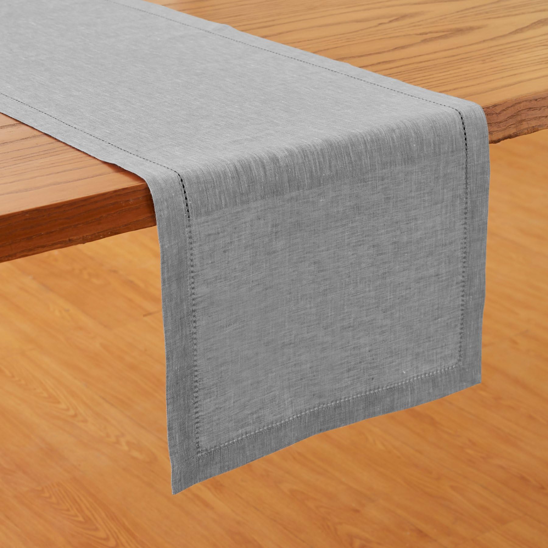 Solino Home Linen Table Runner 108 Inches Long - Oyster Grey, 100% Pure Linen Hemstitch Dining Table Runner 14 X 108 Inch Ideal