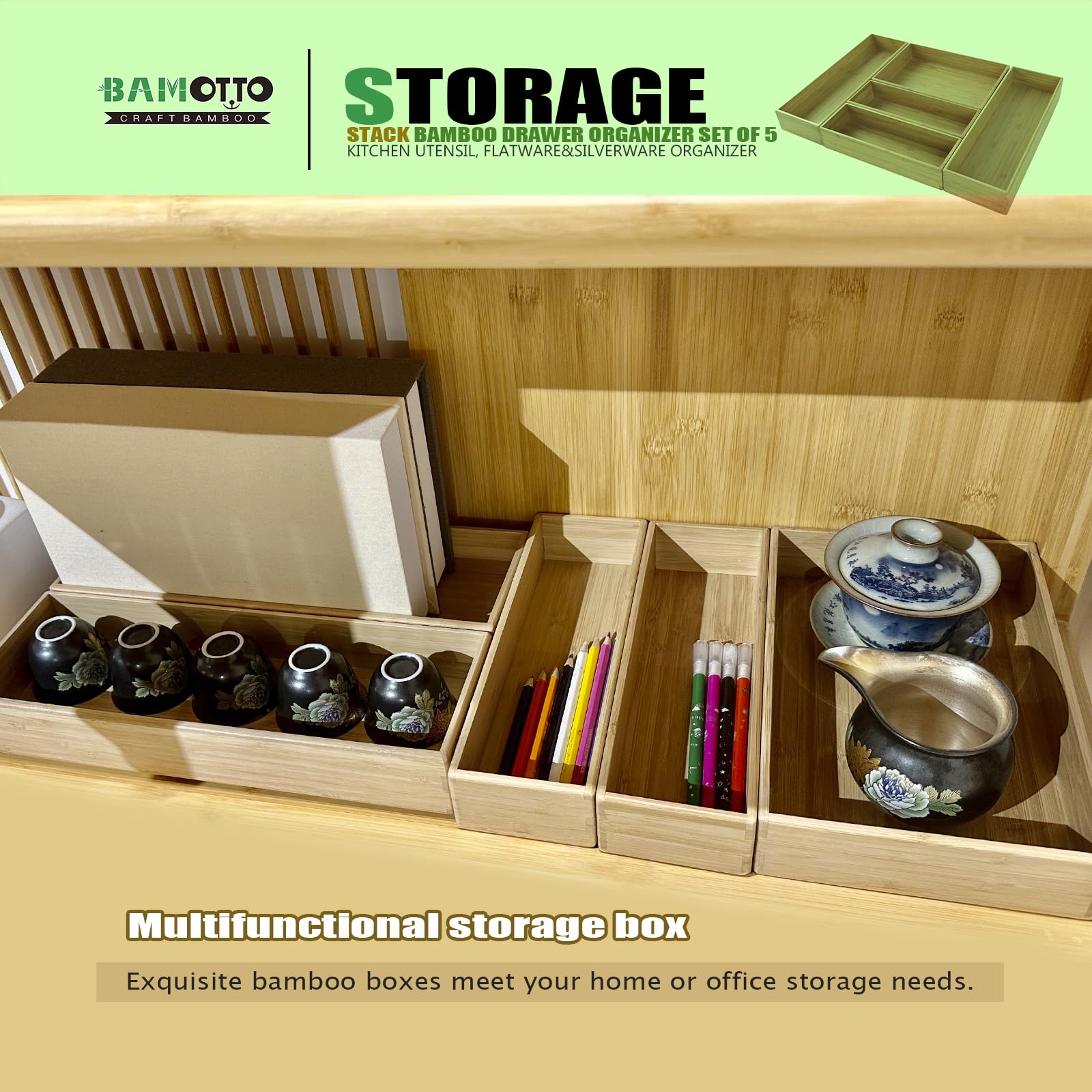 Bamotto Stack Bamboo Drawer Organizer Set Of 5, Kitchen Utensil, Flatware&Silverware Organizer-Wood Laminated Stackable Drawer O