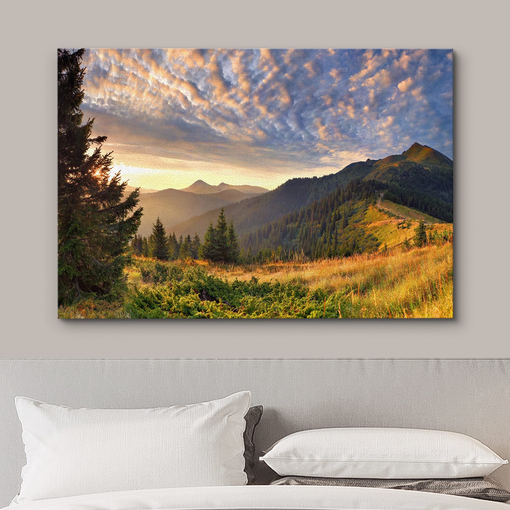 wall26 Canvas Print Wall Art Sunset Over The Golden Mountain Forest Landscape Nature Wilderness Photography Realism Rustic Scenic Colorful Green Ultra for Living Room  Bedroom  Office - 16''x24''