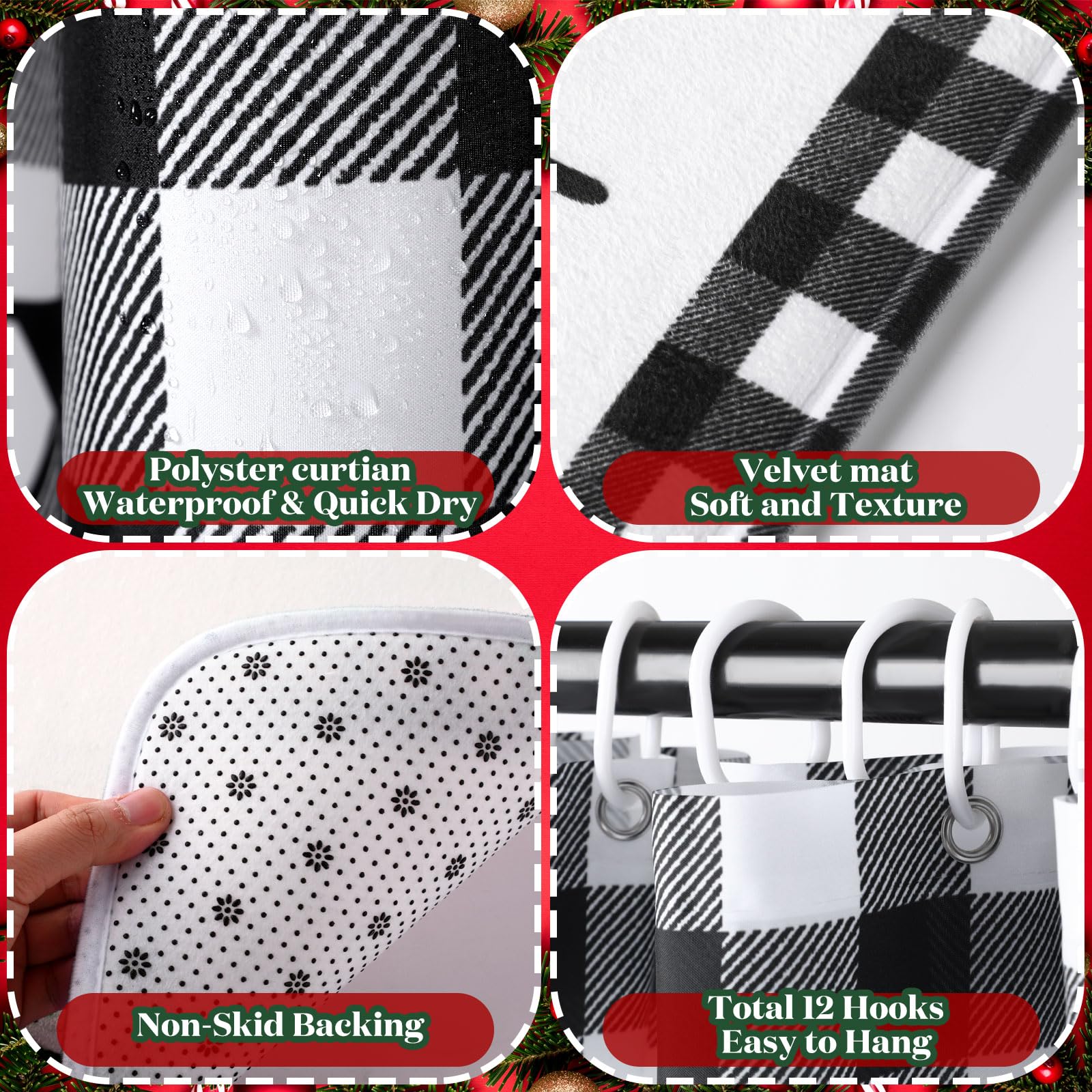 Newwiee 7 Pcs Christmas Bathroom Set Xmas Shower Curtain, Non-Slip U Shape Rug, Toilet Lid Cover, Bath Mat And 3 Washcloth Bathr