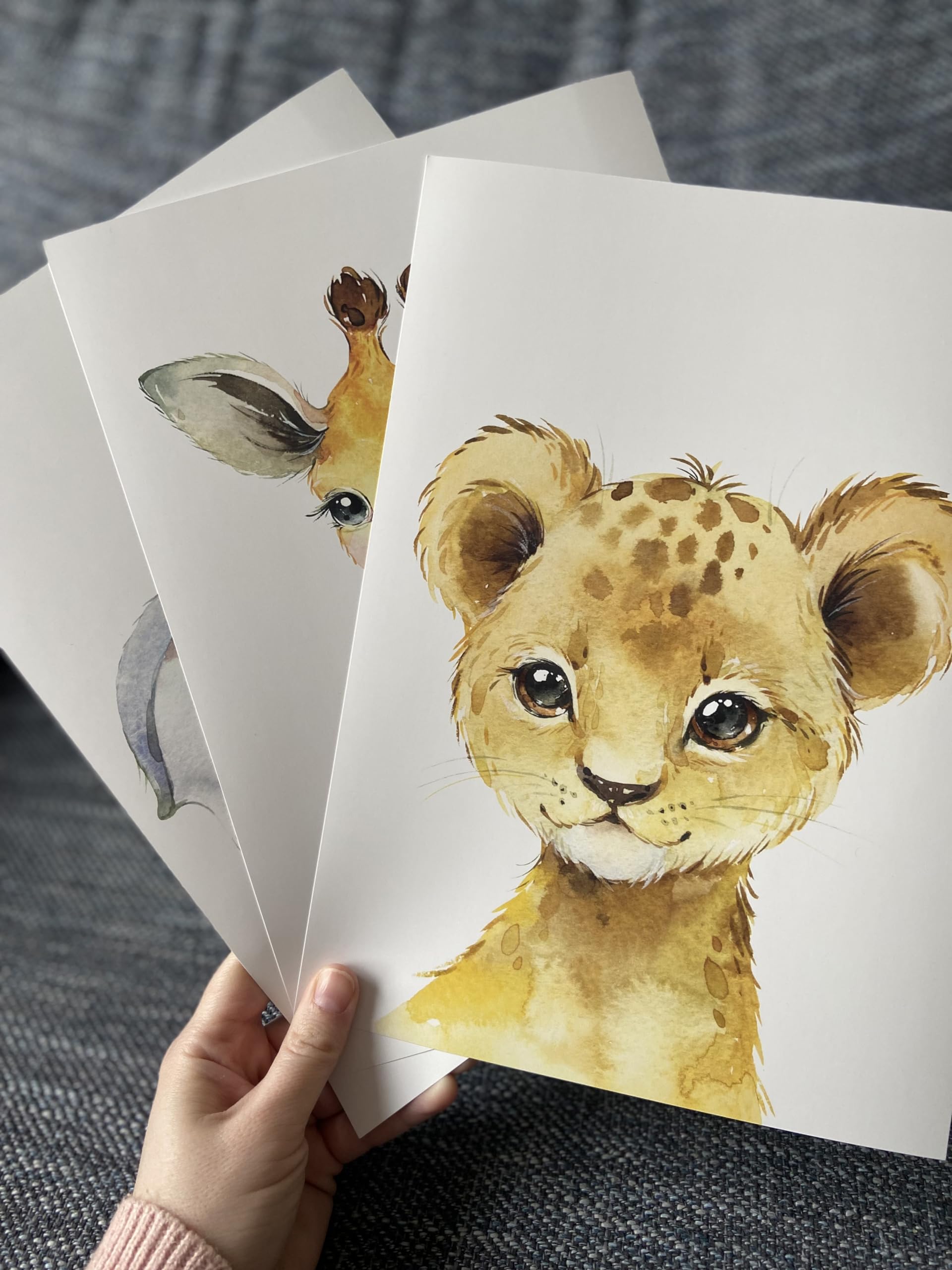 Baby Safari Animals For Girl Or Boy Nursery Bedroom, Set Of 3 Unframed Wall Art Prints, Nursery Decor Gift, Giraffe Elephant Lio