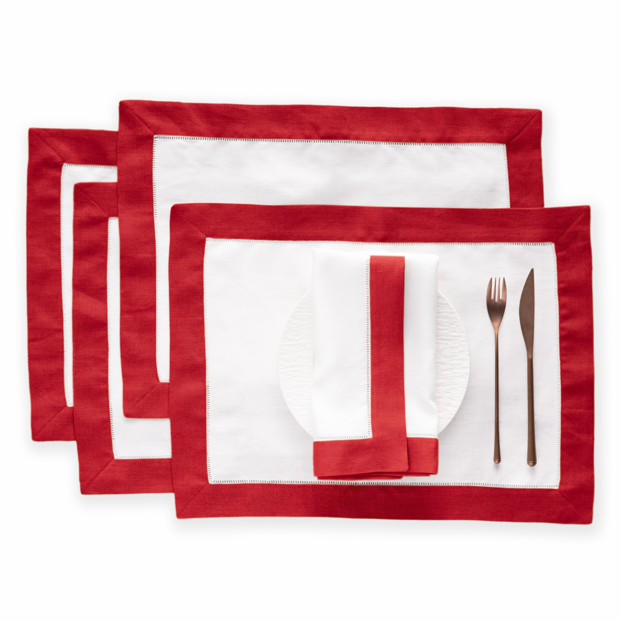 Linen Placemats Set Of 4-100% Flax Linen White And Red Placemats 14 X 19 Inch - Classic Hemstitch Placemats Washable For Fall, H