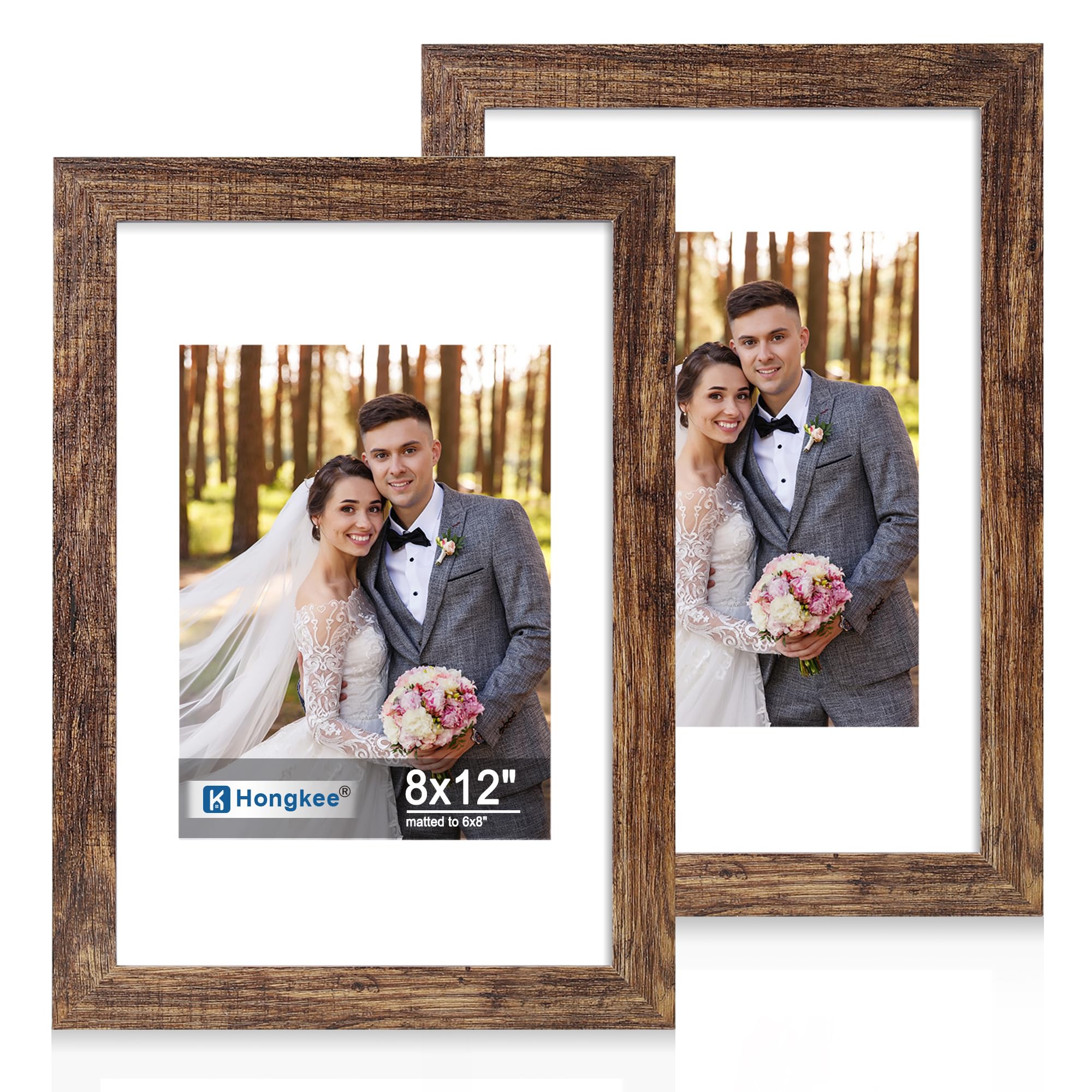 Hongkee 8x12 Picture Frame Set of 2, Made of Real Glass and Rustic Brown Wooden Frame - Display Pictures 6x8 with Mat or 8x12 Wi