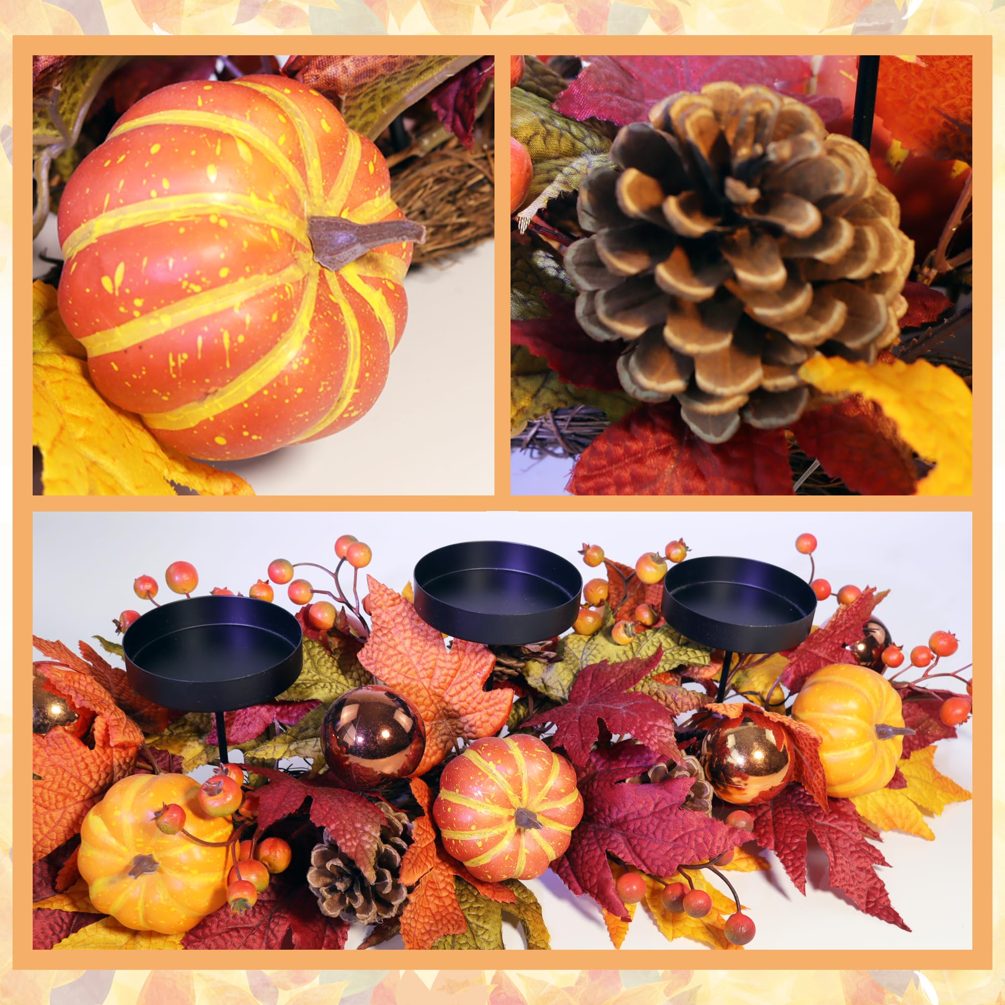 Fall Candle Holder Centerpiece for Table - Thanksgiving Table Decor with Pumpkins, Maple Leaves,Autumn Harvest Decoration with 3