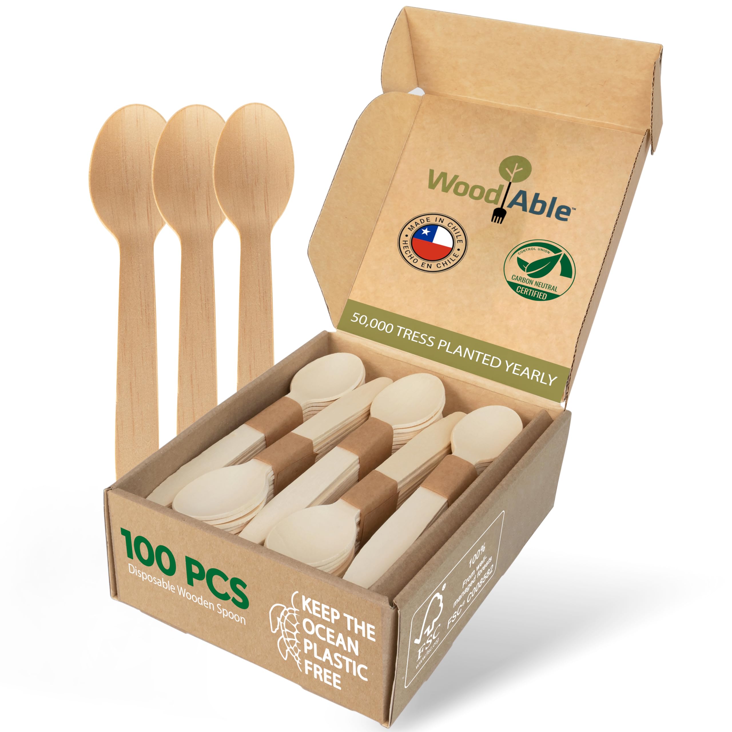 Disposable Wooden Cutlery Set - 100% Home Compostable - 100 Spoons 6.5, Bamboo Utensils Alternative, Eco-Friendly, Organic, Su