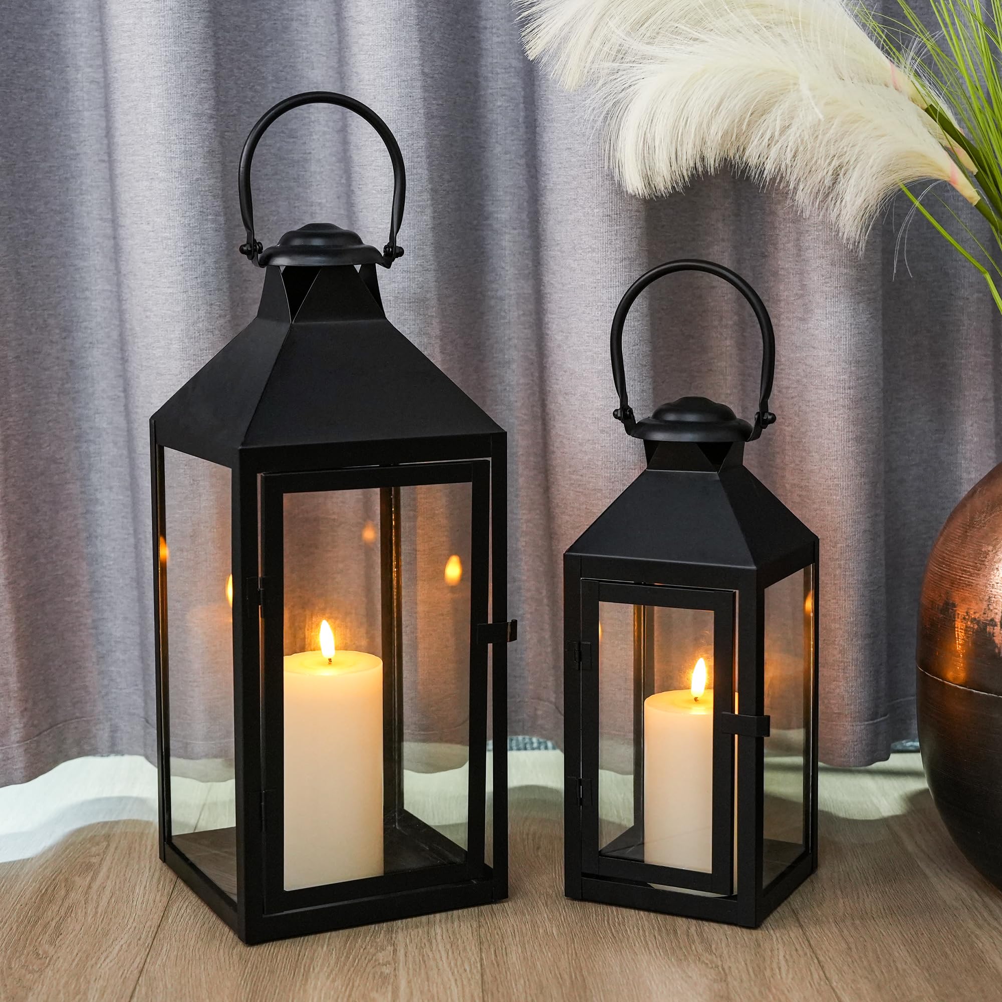 JHY DESIGN Set of 2 Black Decorative Lanterns 17.5inch&13.5inch Metal Candle Lanterns for Indoor Outdoor Events Paritie and Wedd