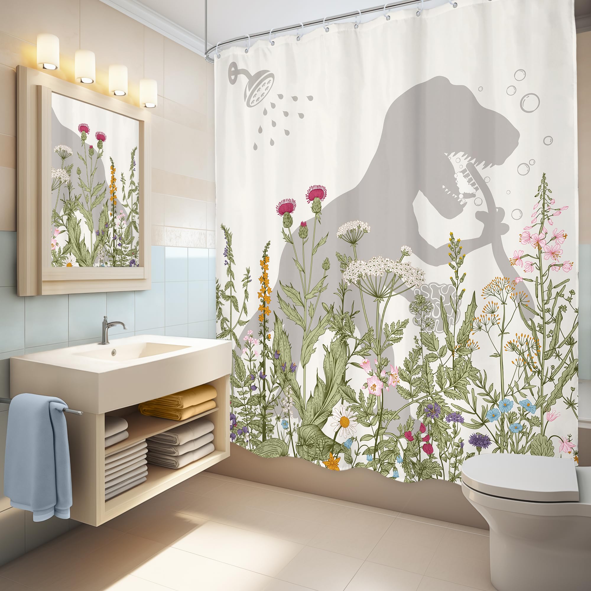Lghtyro Wildflower Dinosaur Kids Shower Curtain Bathroom Set 71Wx71H Inches Funny Dino Silhouette Floral Rustic Plant Leaves Bot