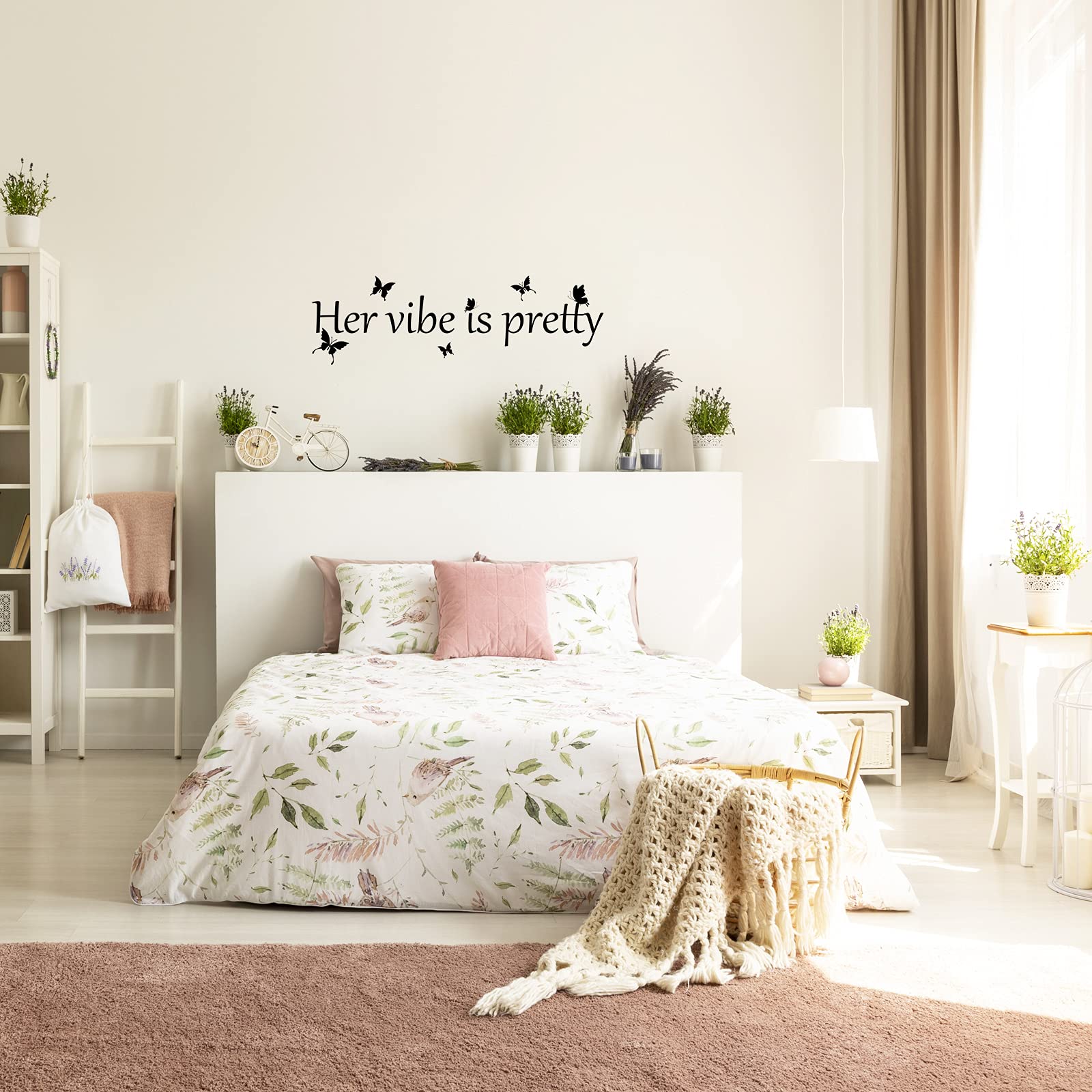 Her Vibe Is Pretty Wall Decal Decor Vivid Butterflies Wall Sticker Inspirational Quotes Positive Wall Decal Sticker For Women, T