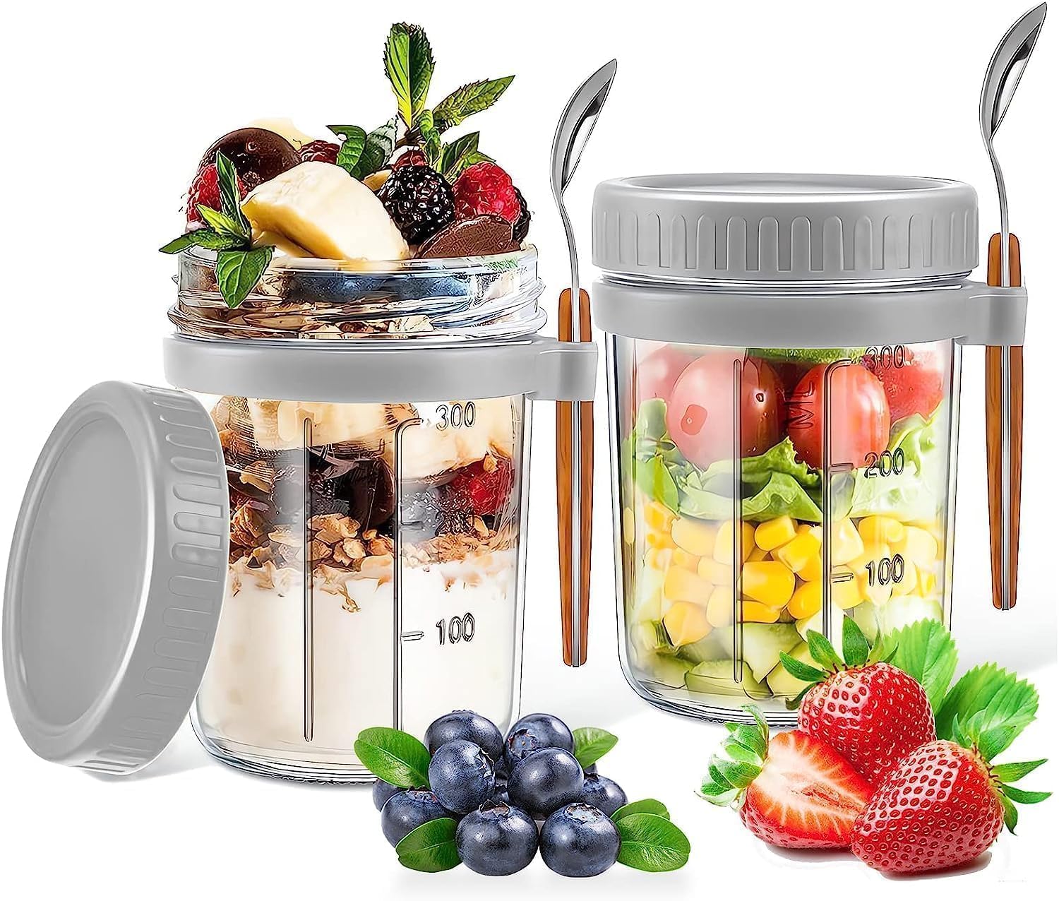 Acharaj 300 Ml Airtight Overnight Oats Jar With Spoon & Lid, Glass Oatmeal Container Jar For Cereal Fruit Vegetable Milk Salad Y