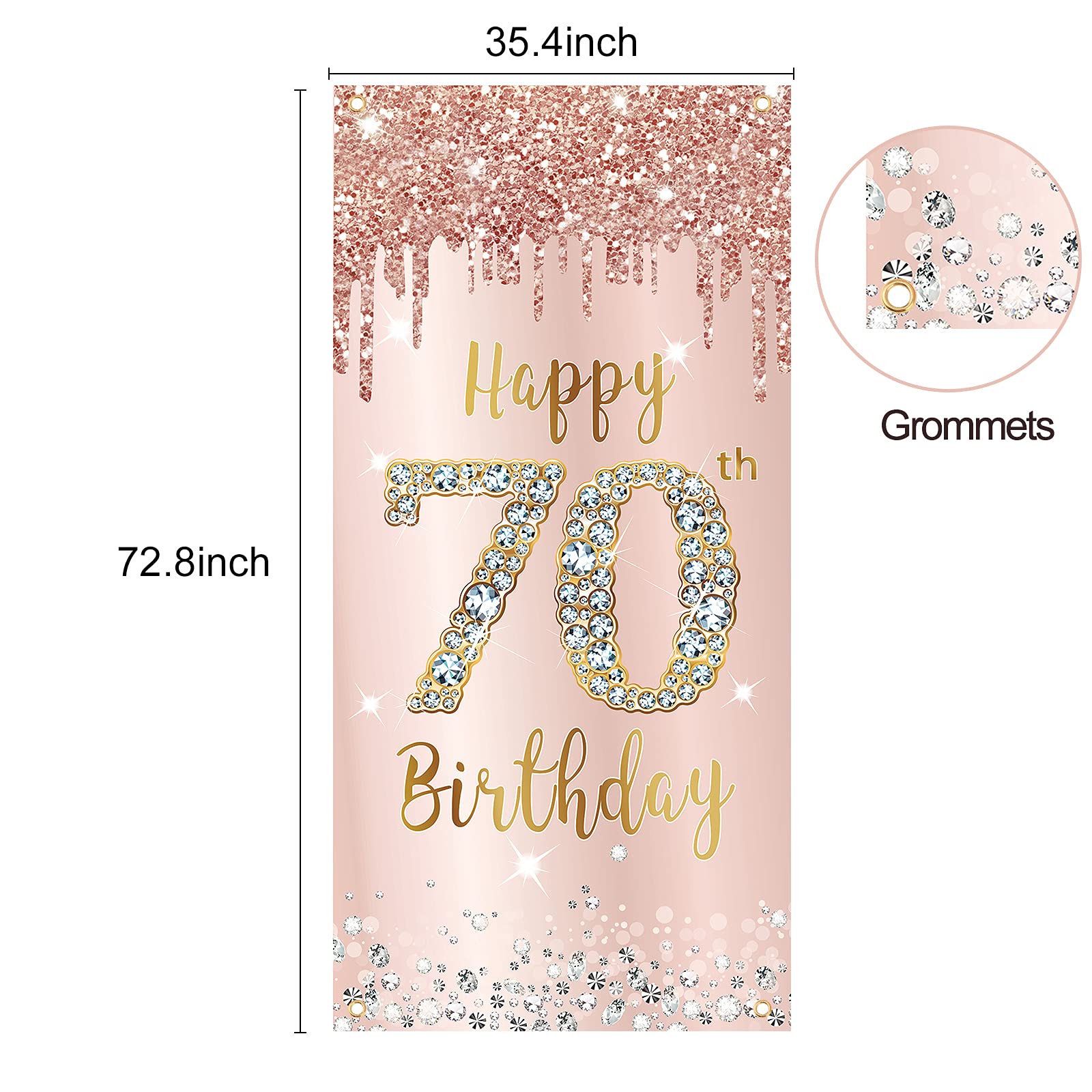 70Th Birthday Door Banner Decorations For Women, Pink Rose Gold Happy 70Th Birthday Door Cover Backdrop Party Supplies, Large Se