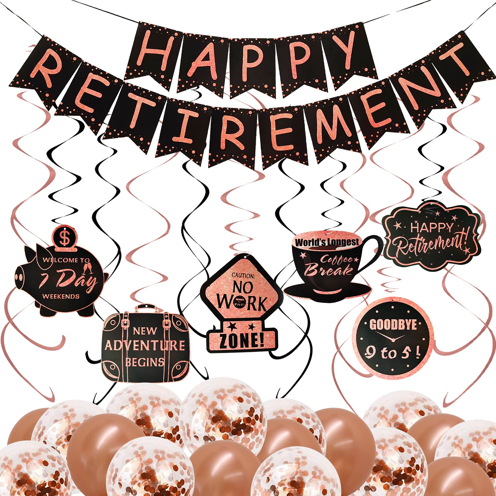 Retirement Party Decorations For Women Black Rose Gold Happy Retirement Banner And Swirls With Rose Gold Confetti Balloons Kit F