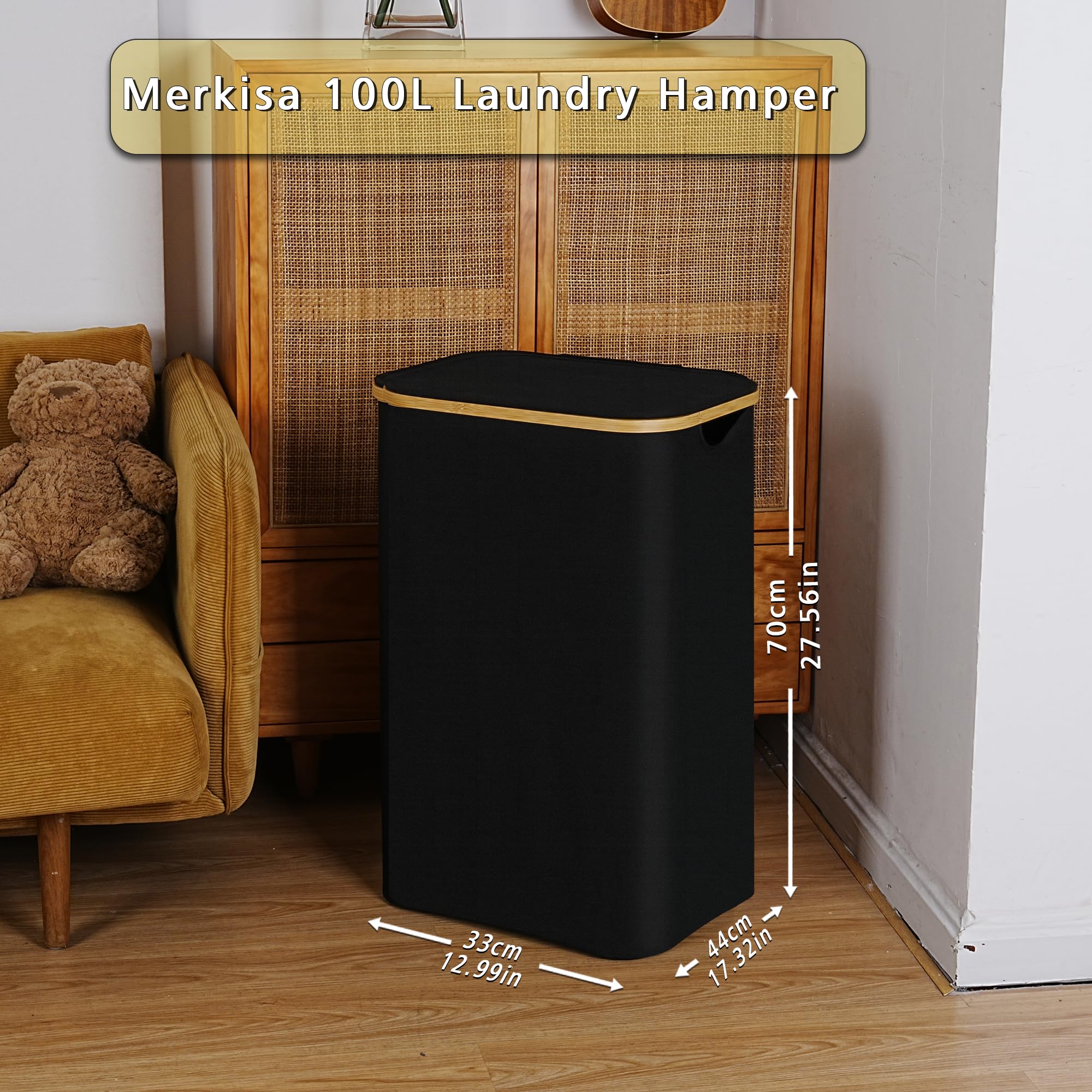 100L Laundry Hamper With Lid, Lagre Basket With Bamboo Handles,Foldable Clothes Hamper Tall Dirty Laundry Basket For Clothes Toy