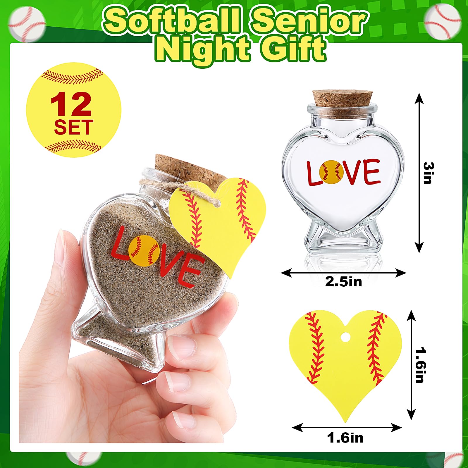 Mimorou 12 Pcs Softball Senior Night Gifts 2026 Softball Sports Sand Dirt Keepsake Jar 2 oz Mini Heart Shape Glass Bottles with