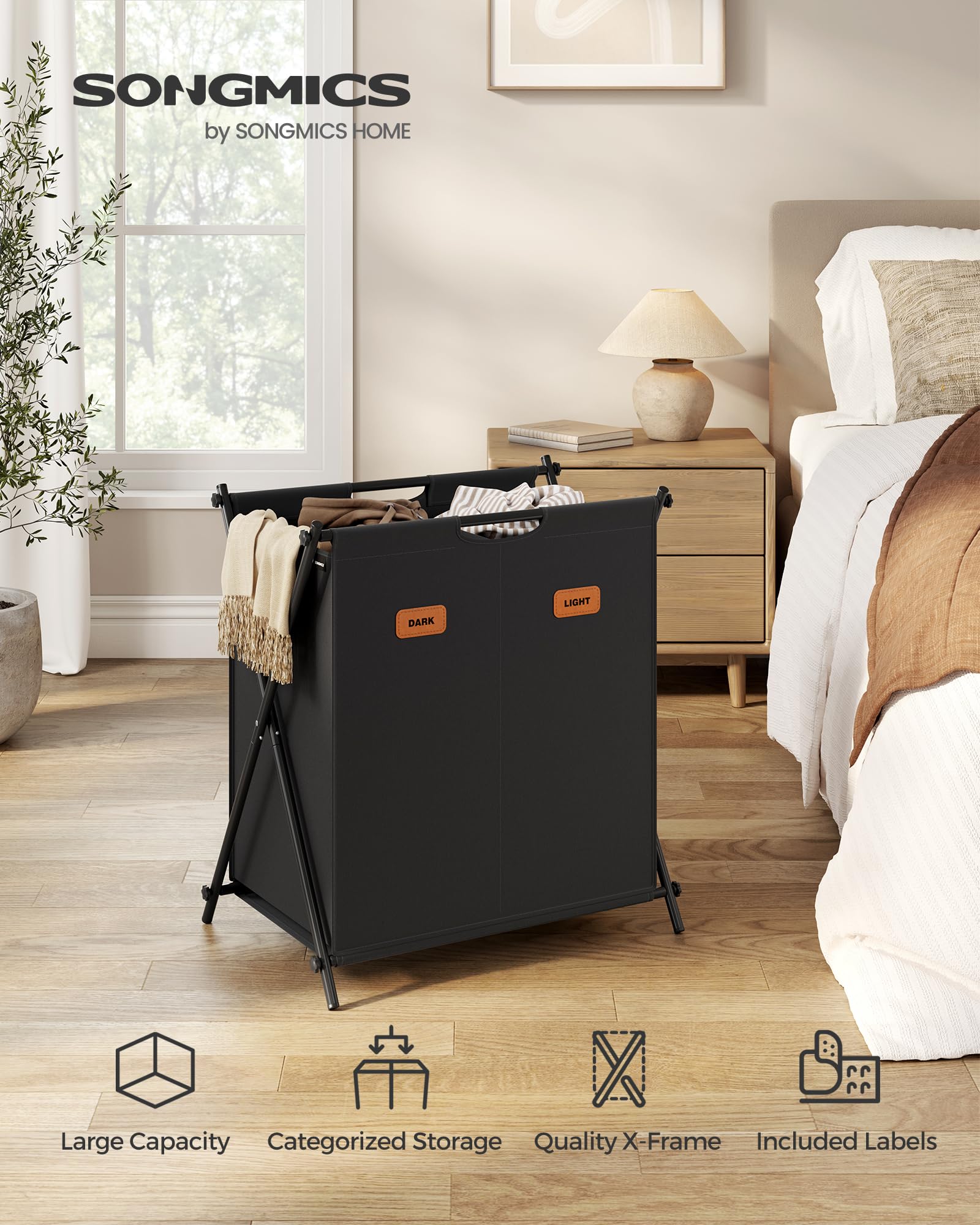 Songmics Laundry Hamper, Laundry Basket, 30.4 Gal. Laundry Sorter 2 Sections, Collapsible X-Frame, Clothes Organizer With Custom