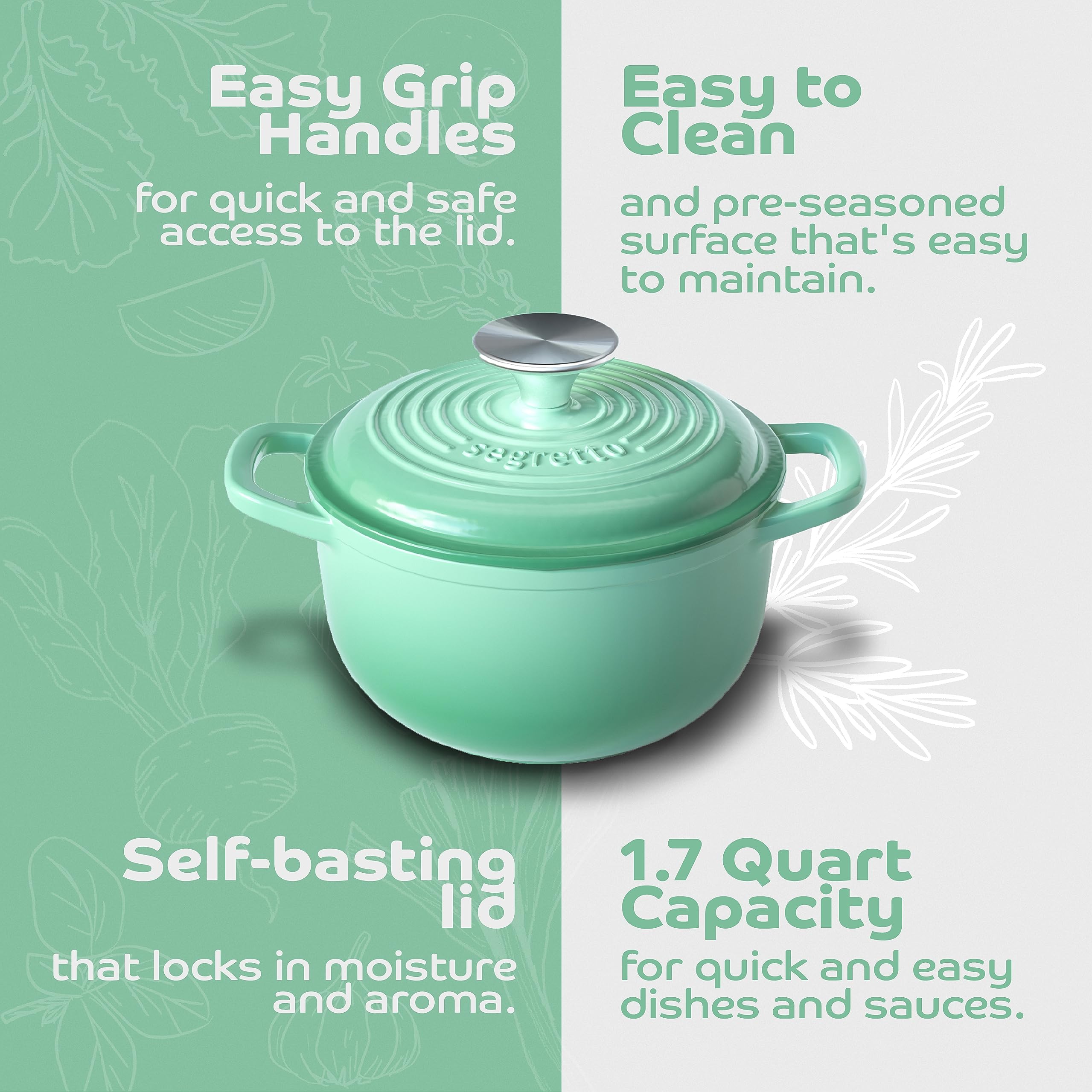 Segretto Cookware Enamel Dutch Oven Cast Iron With Handle Verde Chiaro (Light Green) 1.7 Quarts Enameled Cast Iron Dutch Oven Wi