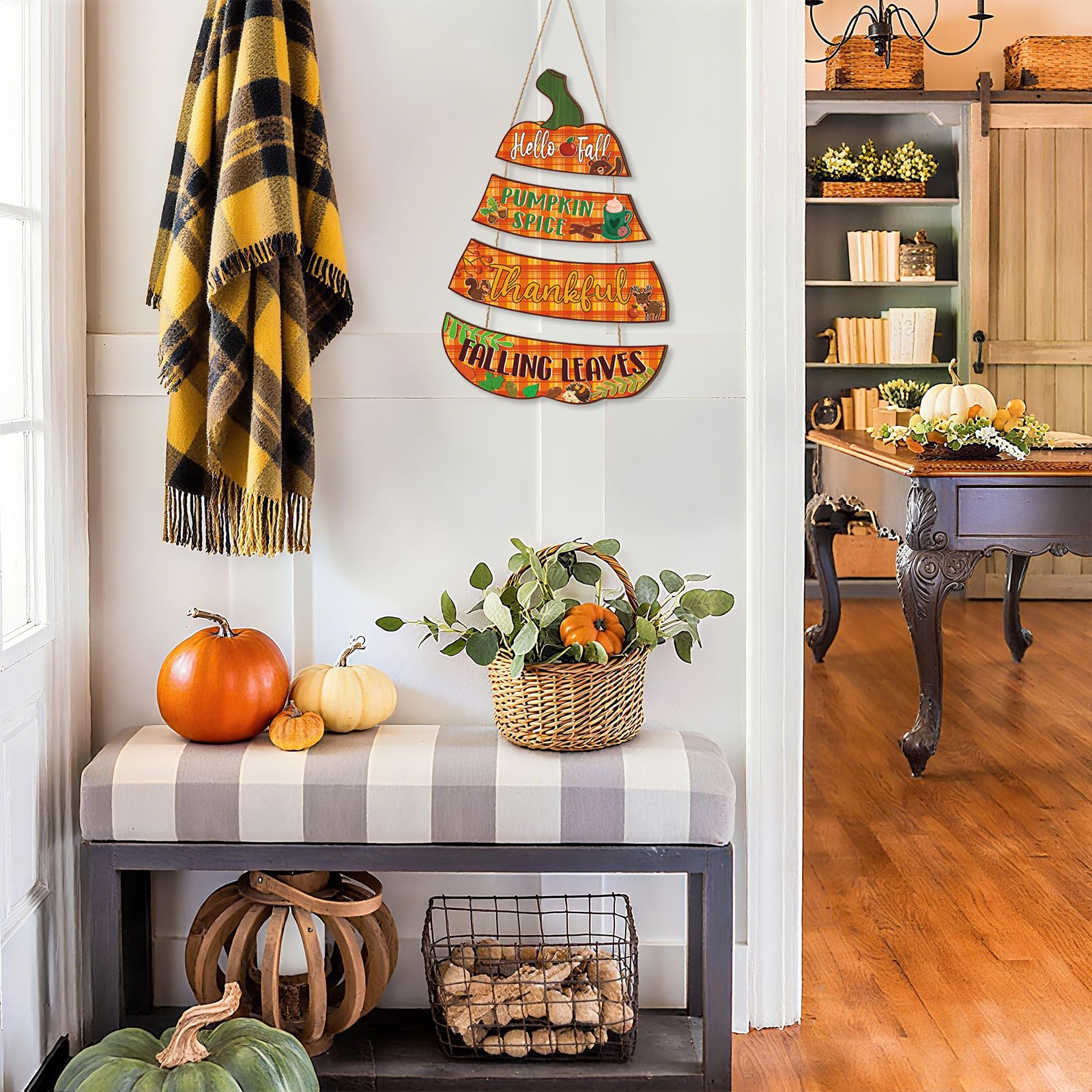 Ausril Hello Fall Door Decor,Pumpkin Fall Sign,Rustic Autumn Wall Plaque,Fall Leaves Door Hanger,Thankful Thanksgiving Wooden Do