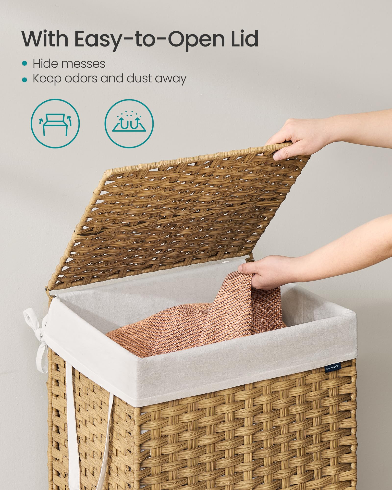 Songmics Laundry Hamper With Lid, 29.1 Gallon (110 L) Synthetic Rattan Clothes Laundry Basket With Lid And Handles, Foldable, Re