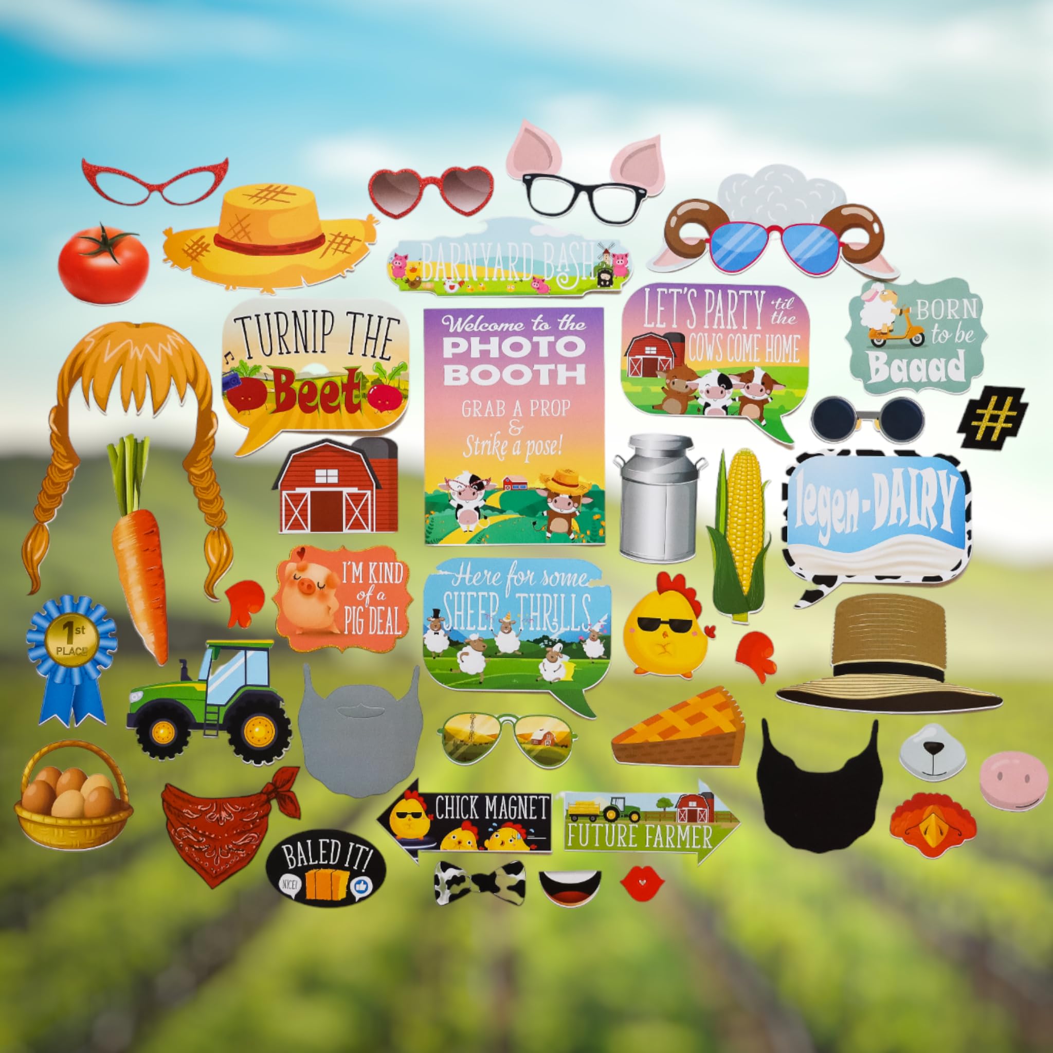 Farm Animal Photo Booth Props - 41-pc Photo Booth Kit with 8 x 10-Inch Sign  60 Adhesive Pads  45 Sticks - Cowboy and Farm Party Decorations