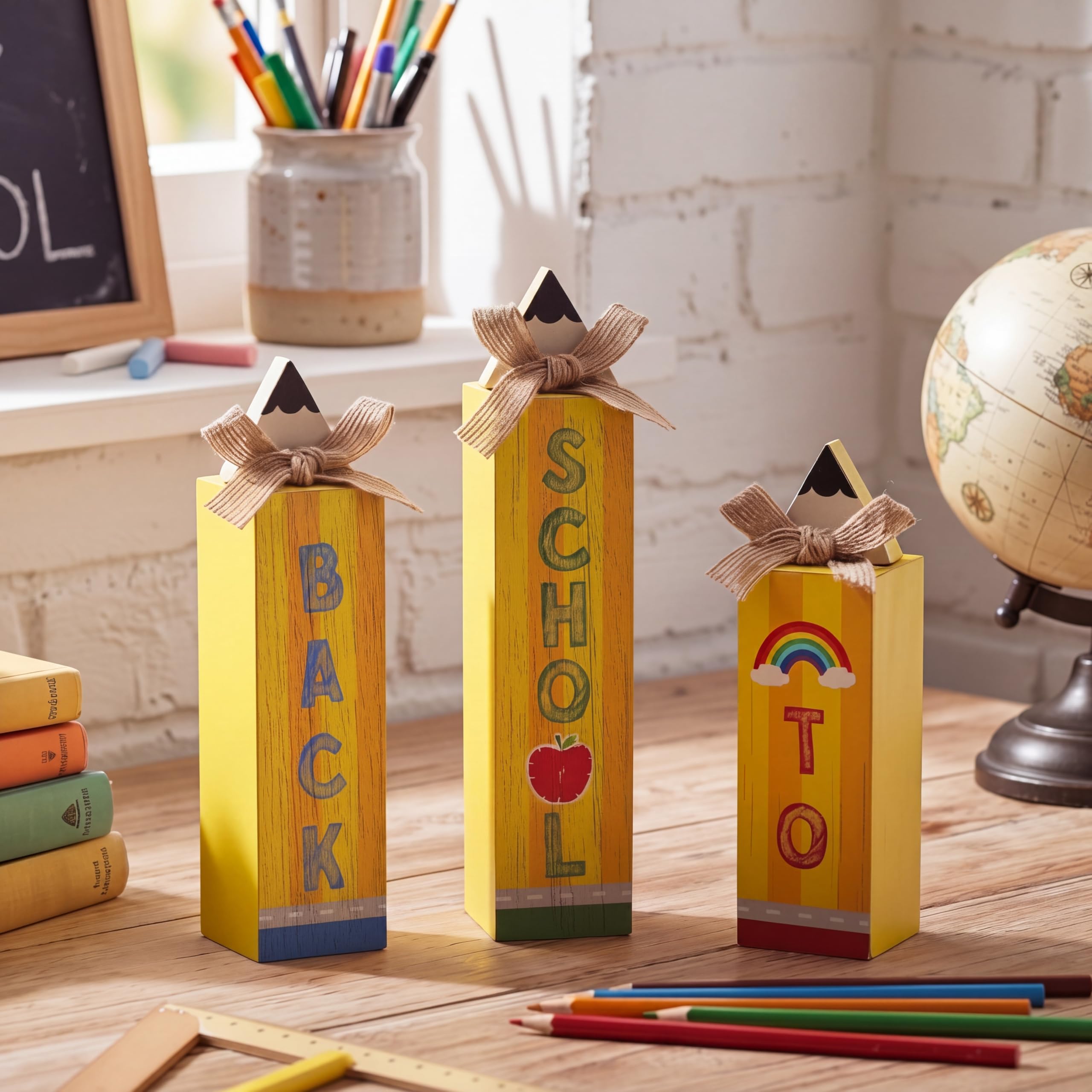 Geetery 3 Pcs Back to School Table Decor First Day of School Sign Wood Pencil Block Sign Rustic Farmhouse Tabletop Centerpiece w