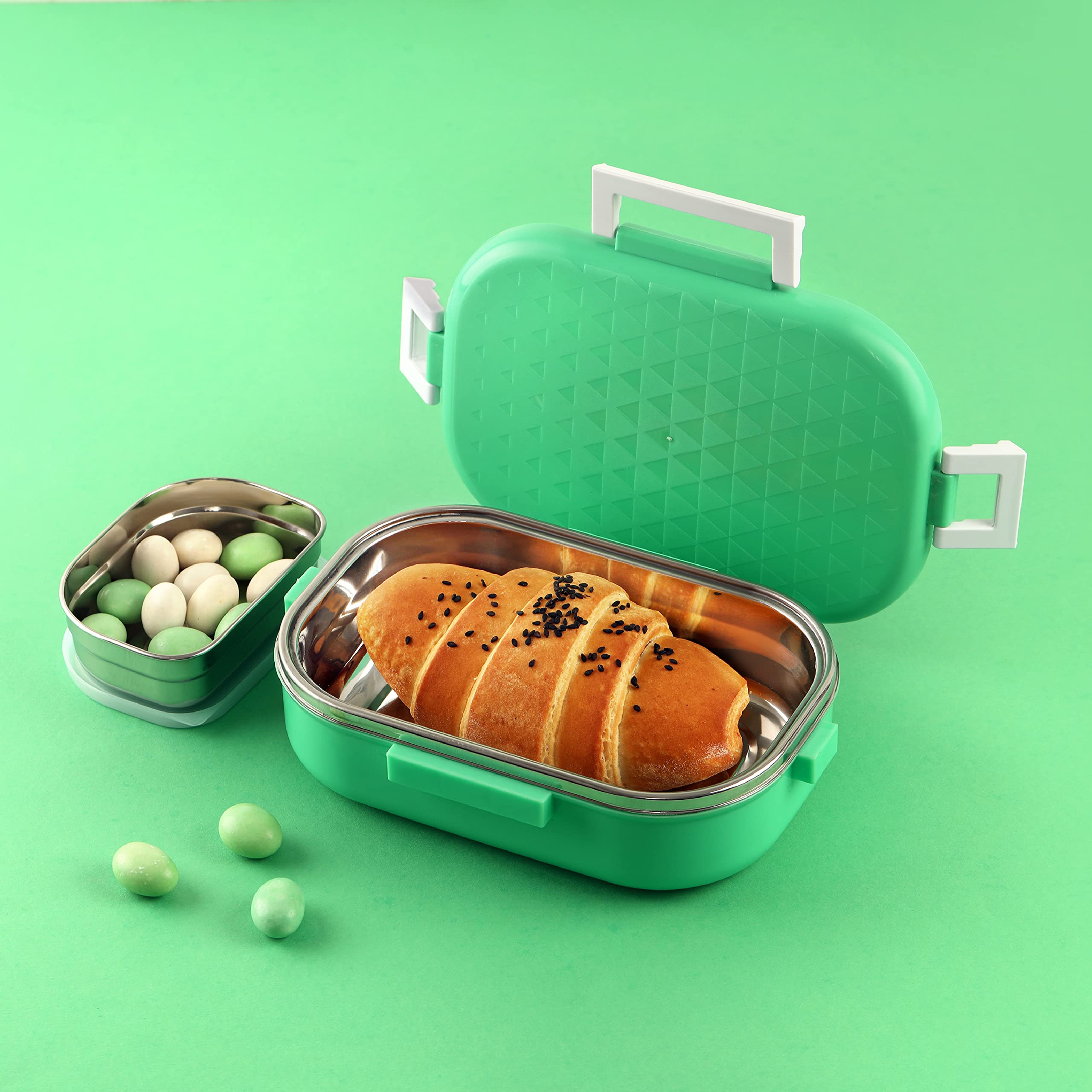 Cello Altro Neo Lunch Box, Neo Green 700Ml, 2 Container Lunch Box For Kids | Steel Insulated Lunch Box With Veg Box | Leak-Proof