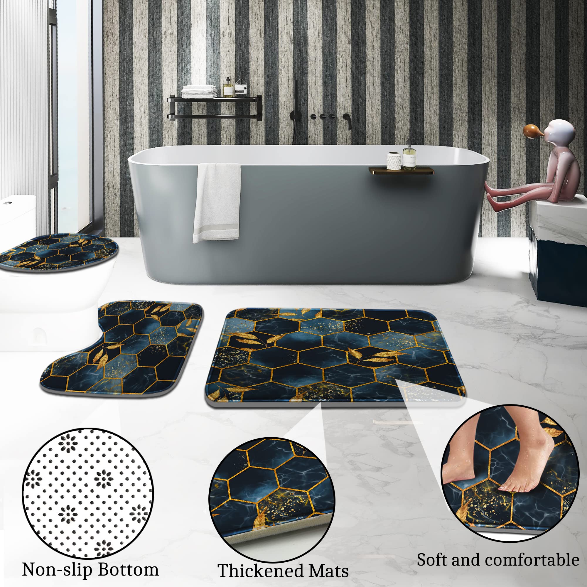Poedist 4 Pcs Bathroom Shower Curtain Set,Bathroom Sets With Rugs(Bath Mat,U Shape And Toilet Lid Cover Mat) And 12 Hooks,Black