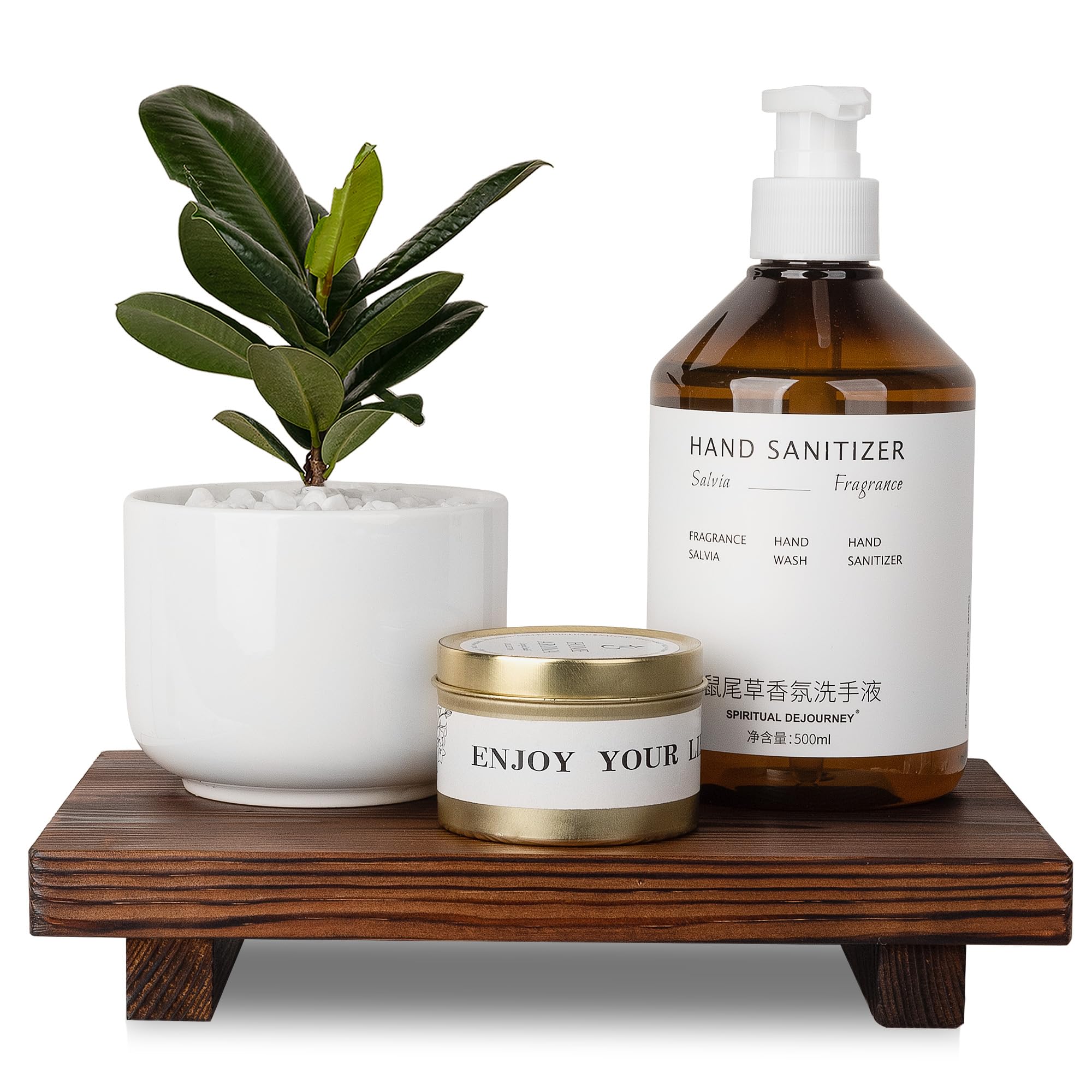 Bathroom Counter Organizer Wood Pedestal Stand Farmhouse Decorative Tray Soap Holder For Kitchen Decor, 9'' X 6'' - Dark Brown