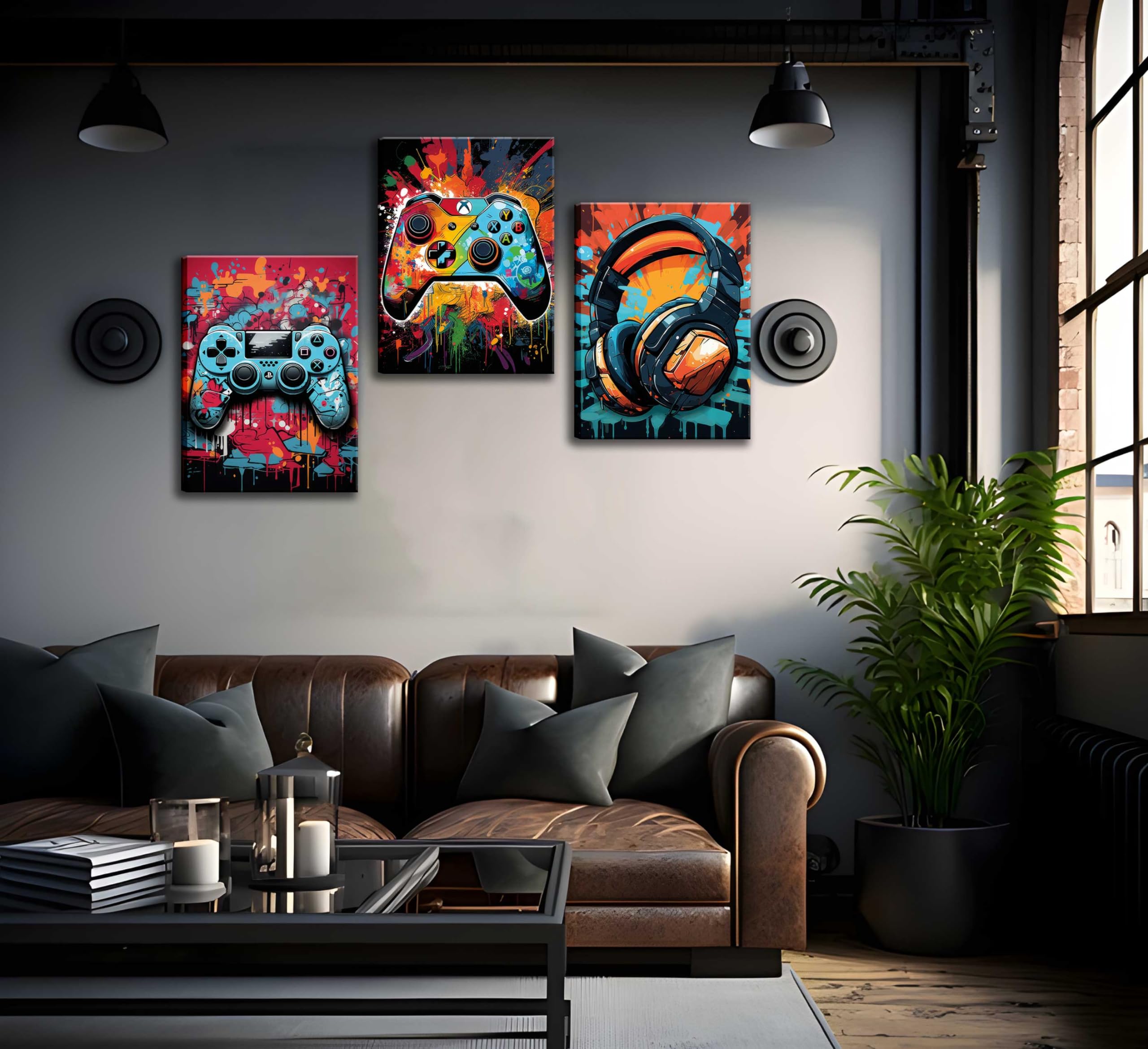 3Pcs Game Wall Art Color Video Game Handle Earphone Graffiti Theme Poster Room Decor Ative Neon Light Poster Prints Picture Chil