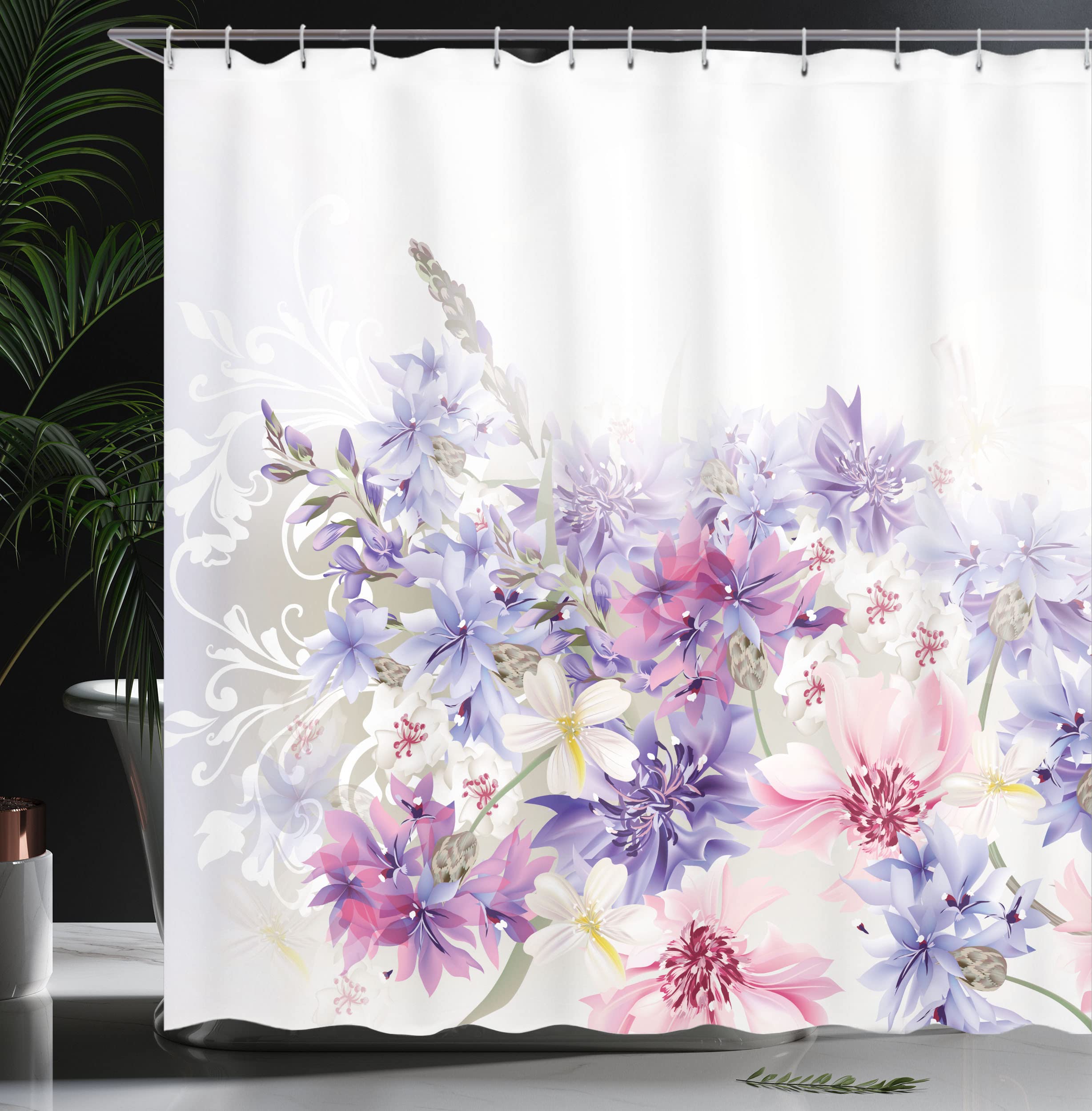 Ambesonne Lavender Shower Curtain, Pastel Cornflowers Bridal Classic Design Gentle Floral Print Wedding Design, Cloth Fabric Bat