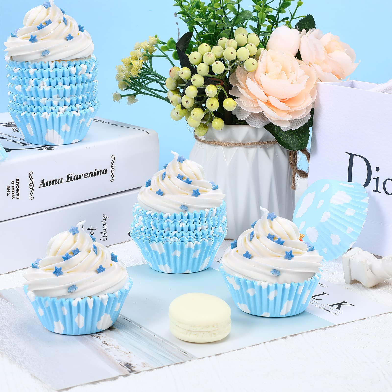 300 Count Cloud Blue Cupcake Liners White Light Blue Cupcake Wrappers Paper Blue Muffin Cups Birthday Theme Party Baking Cups Ba