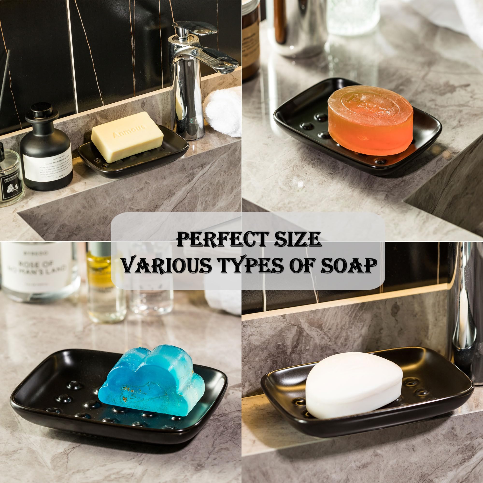 Miamolo Soap Dish, Ceramic Soap Holder Shower Soap Dish For Bar Soap Sponge, Soap Saver Tray For Bathroom Kitchen Sink, Black