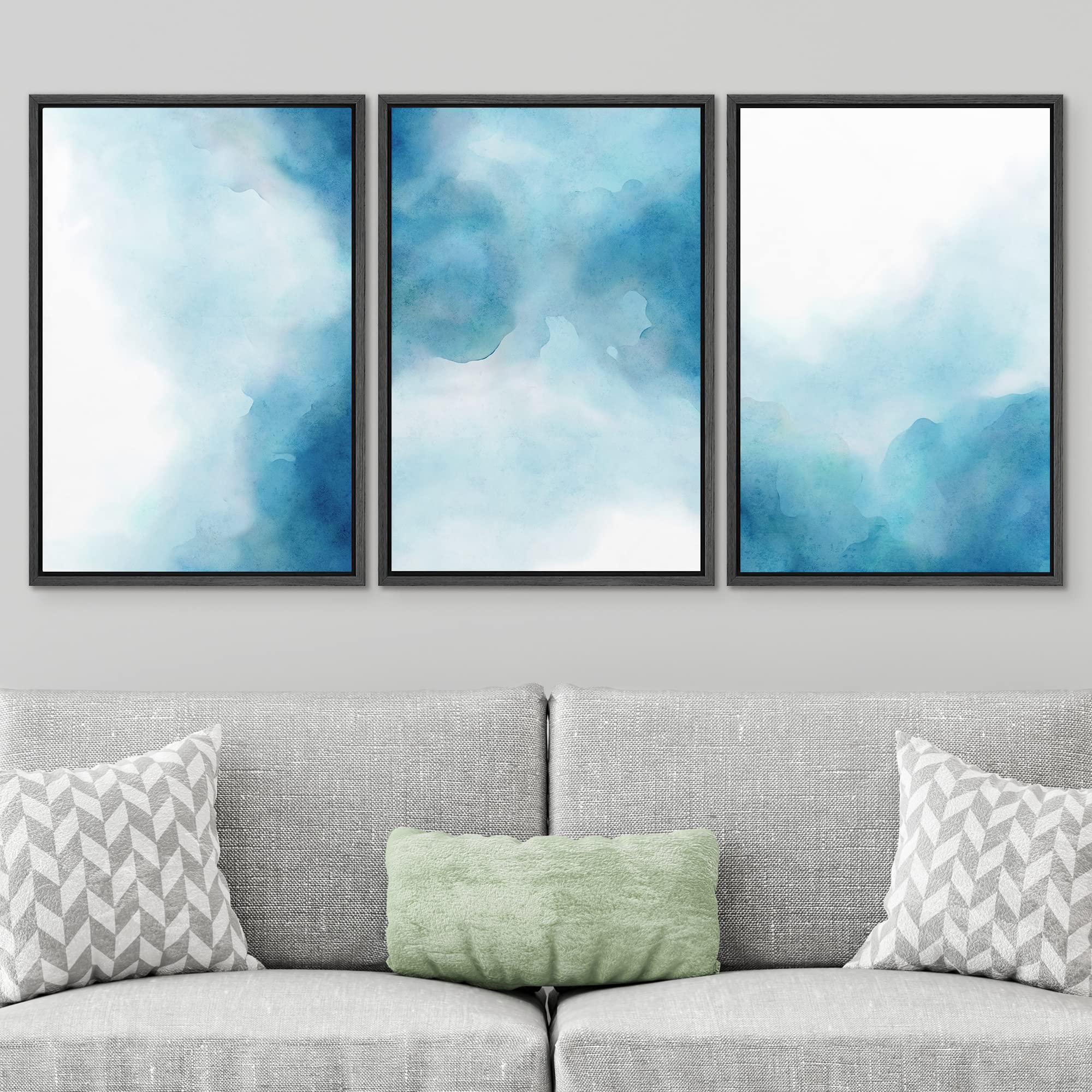 Signwin Framed Canvas Print Wall Art Set Vibrant Blue Pastel Paint Stroke Landscape Collage Abstract Shapes Illustrations Modern