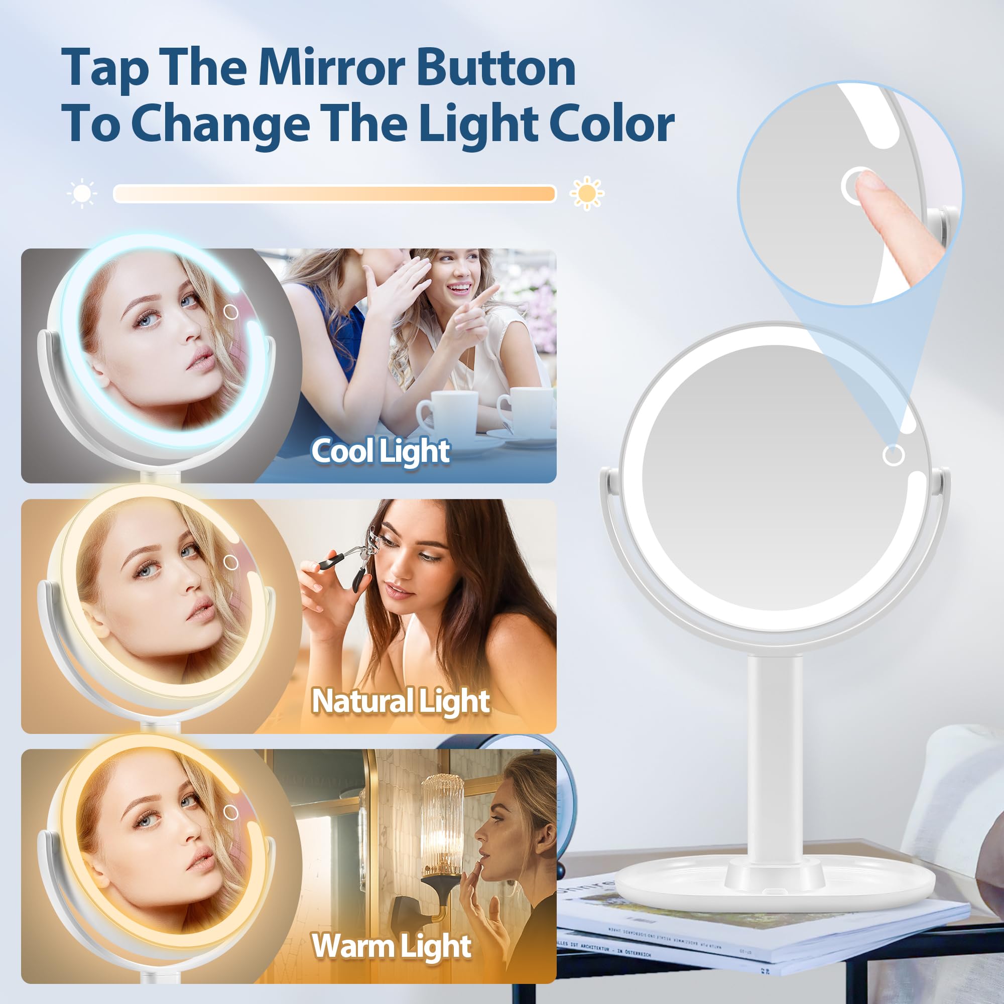 Lighted Makeup Mirror, 20X Magnifying Mirror With Light And Adjustable Brightness, Vanity Mirror With 3 Color Light, 2-Sided Tab