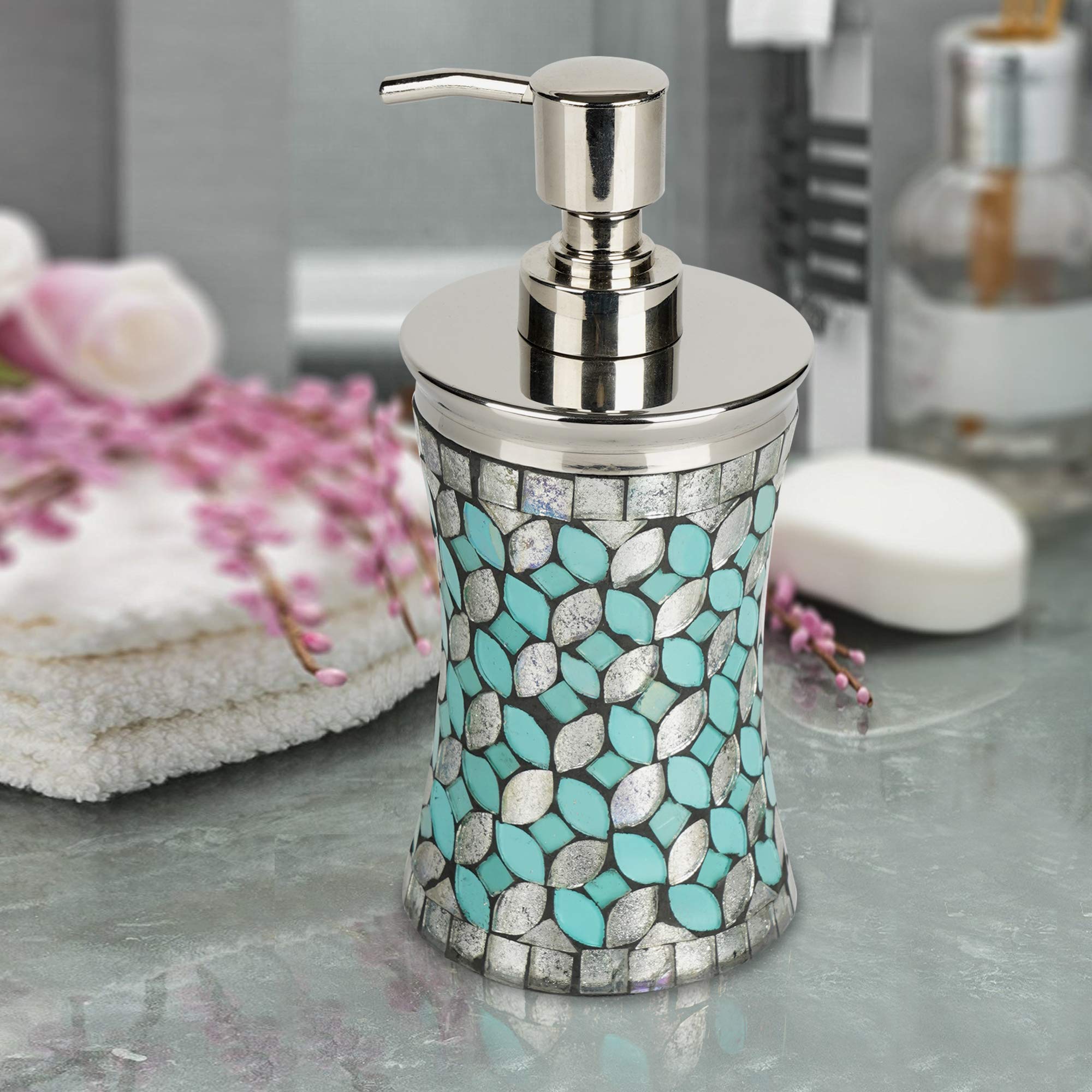 Nu Steel Sea Foam Soap/ Lotion Pump Dispenser In Aqua Blue/Silver Glass Mosaic/ Stainless Steel For Bathrooms & Vanity Spaces
