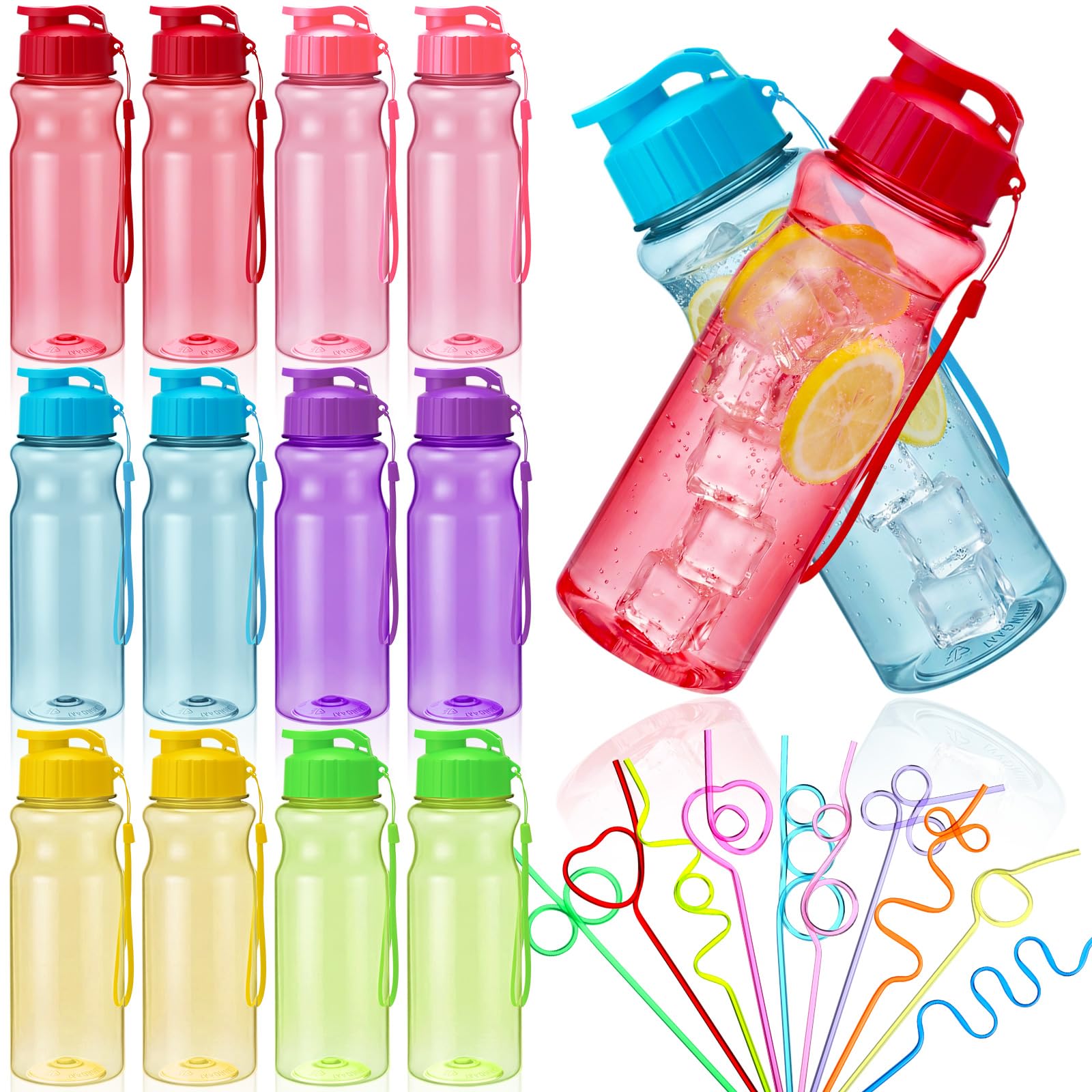 12 Sets 18 oz Sports Water Bottles Bulk with Straws and Handle Strap