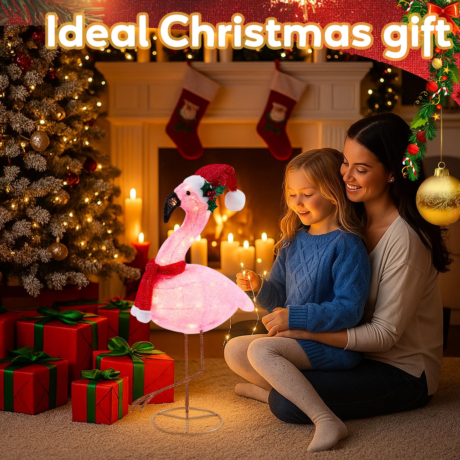 Flamingo Christmas Decorations, 28 Inch Lighted Pink Flamingo Outdoor Christmas Holiday Yard Display, Pre-lit with LED Lights fo