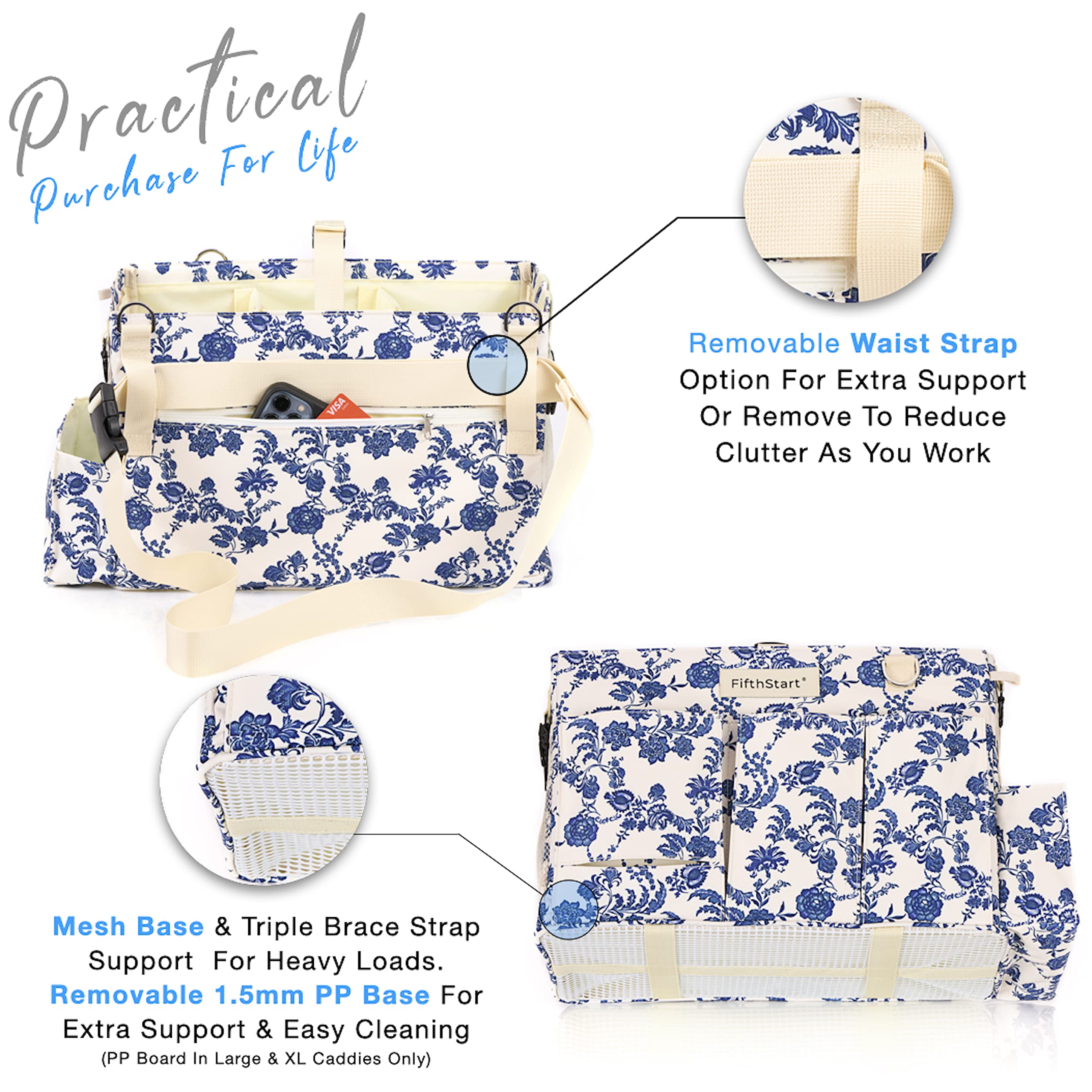 FifthStart Wearable Cleaning Caddy  A Cleaning Supplies Organizer With 4 Corner Shoulder Strap & Removable Waist Strap. Professional Cleaning Caddy Organizer With Handle: (Blue Floral  Large)