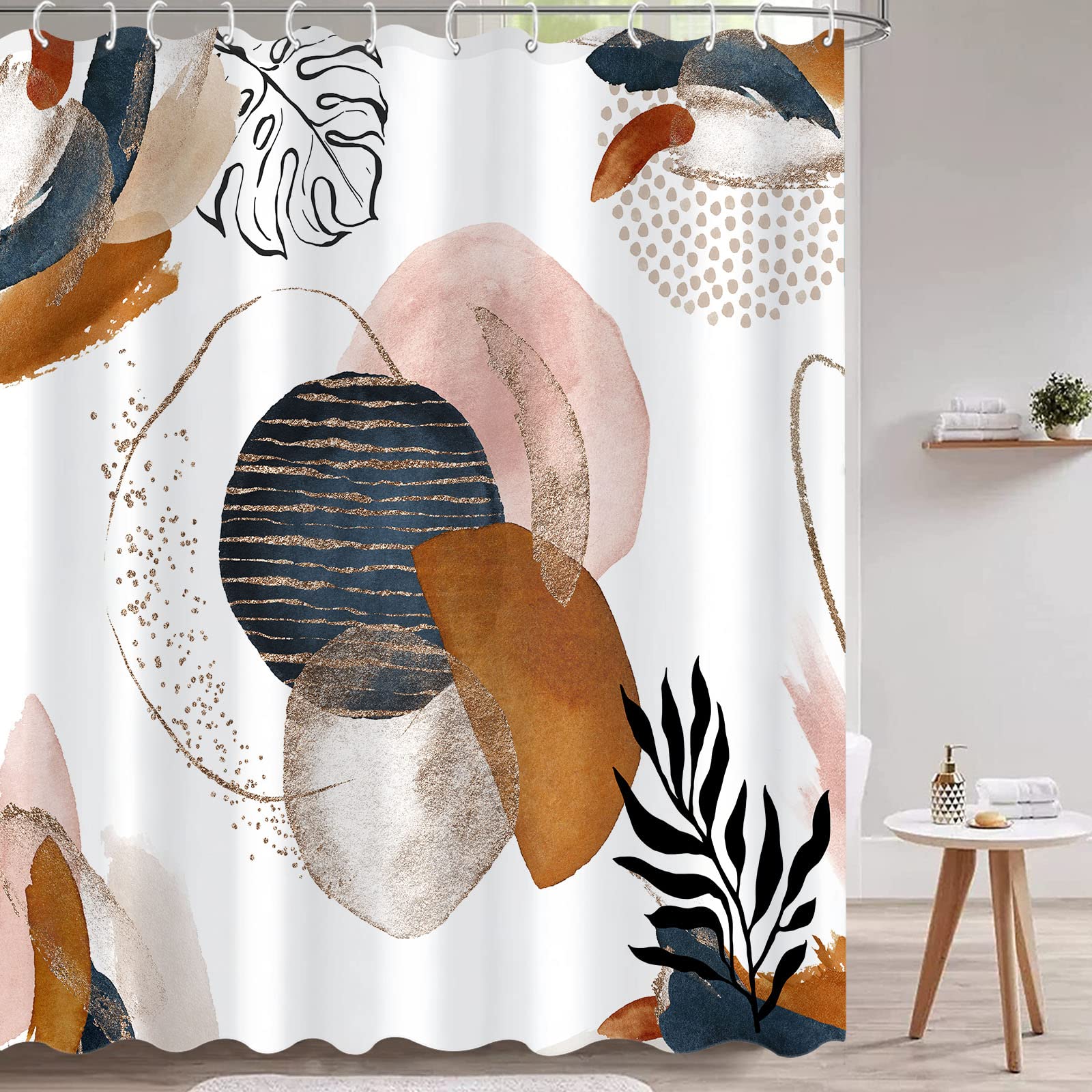 Fungarth Boho Shower Curtains For Bathroom Mid Century Navy Blue Colorful Modern Geometric Leaves Neutral Minimalist Fabric Wate