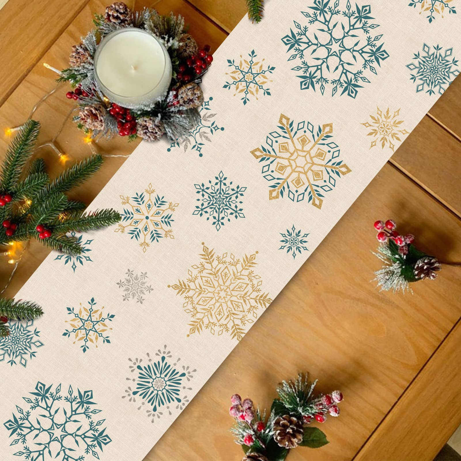 Seliem Winter Snowflakes Table Runner, Gold Blue Tabletop Scarf Home Kitchen Christmas Holiday Decor Sign, Seasonal Farmhouse Ru