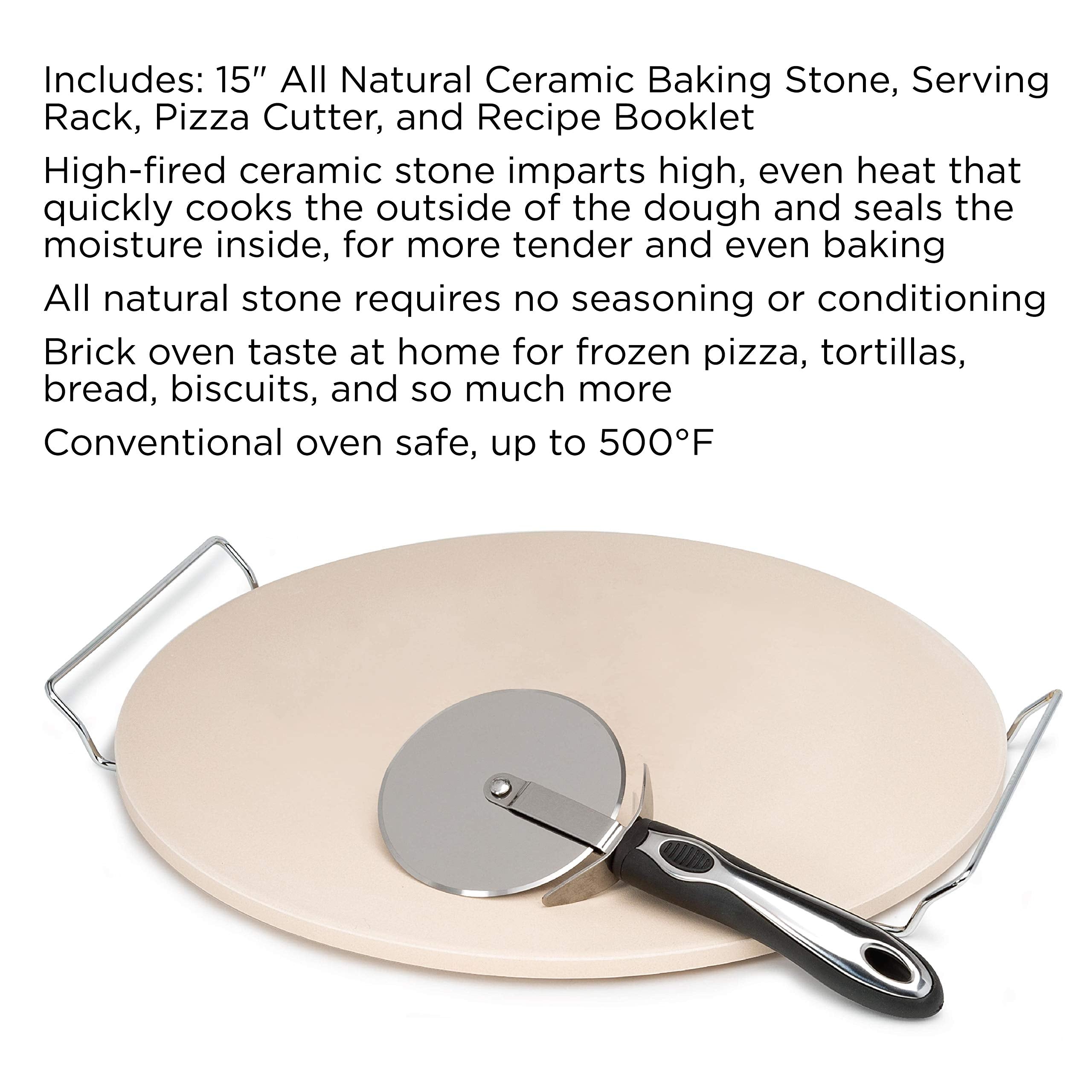 Laroma Baking Stone Set, 15-Inch Includes Serving Rack And Pizza Cutter Wheel, 15 Inches, Beige