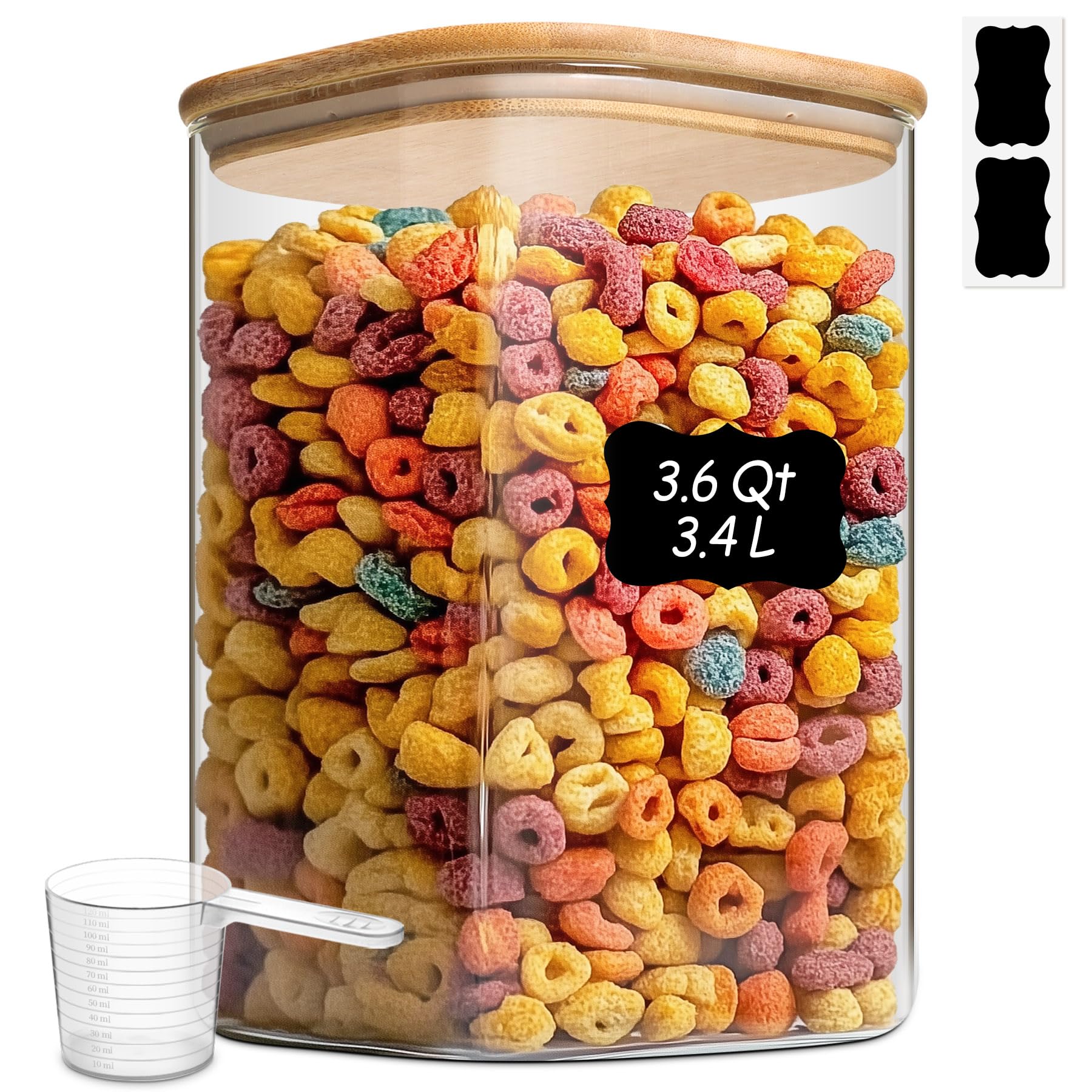 ComSaf 3.6Qt Glass Food Storage Containers, Cereal Storage Containers with Airtight Lids, Large Square Glass Jars with Bamboo Li
