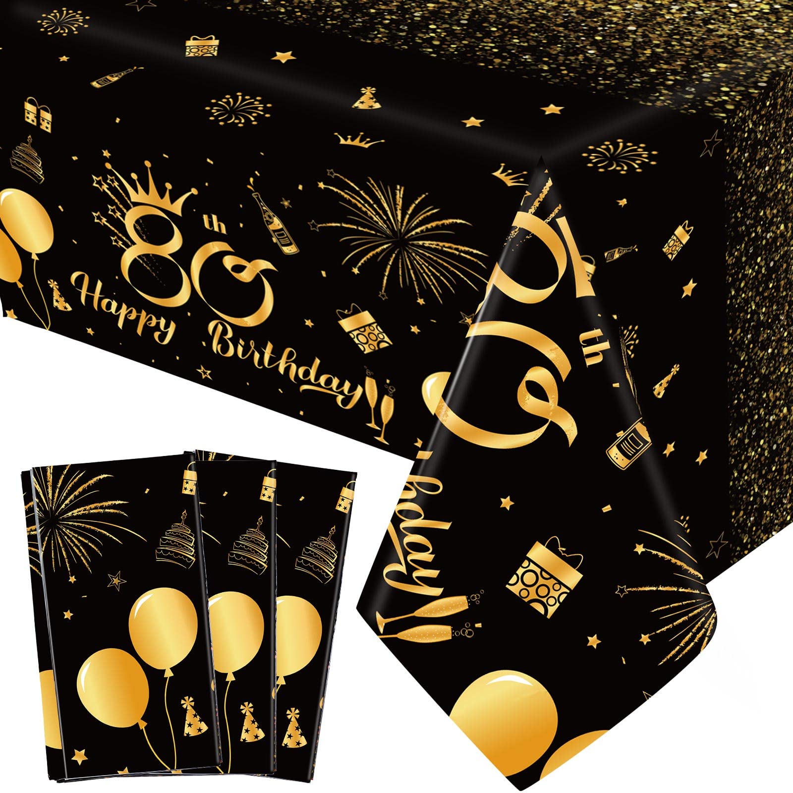 3 Pack 80Th Birthday Decorations For Men 80Th Birthday Tablecloth Disposable Plastic Table Cover Rectangular Black And Gold Tabl