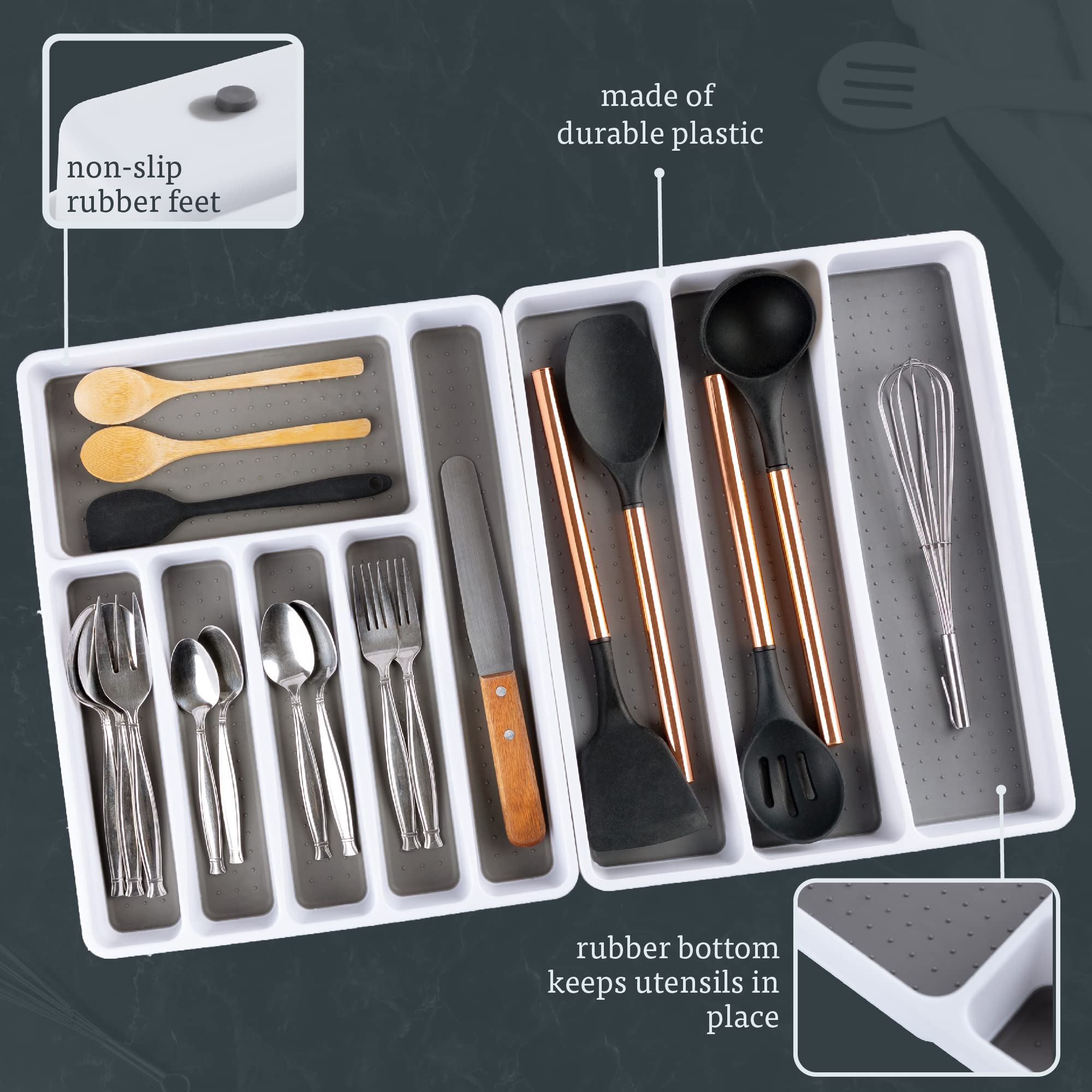 Masirs No-Slip Silverware Tray Organizer, Accommodates Different Kitchen Utensil And Cutlery Sizes, Deep Enough To Fit Entire Dr