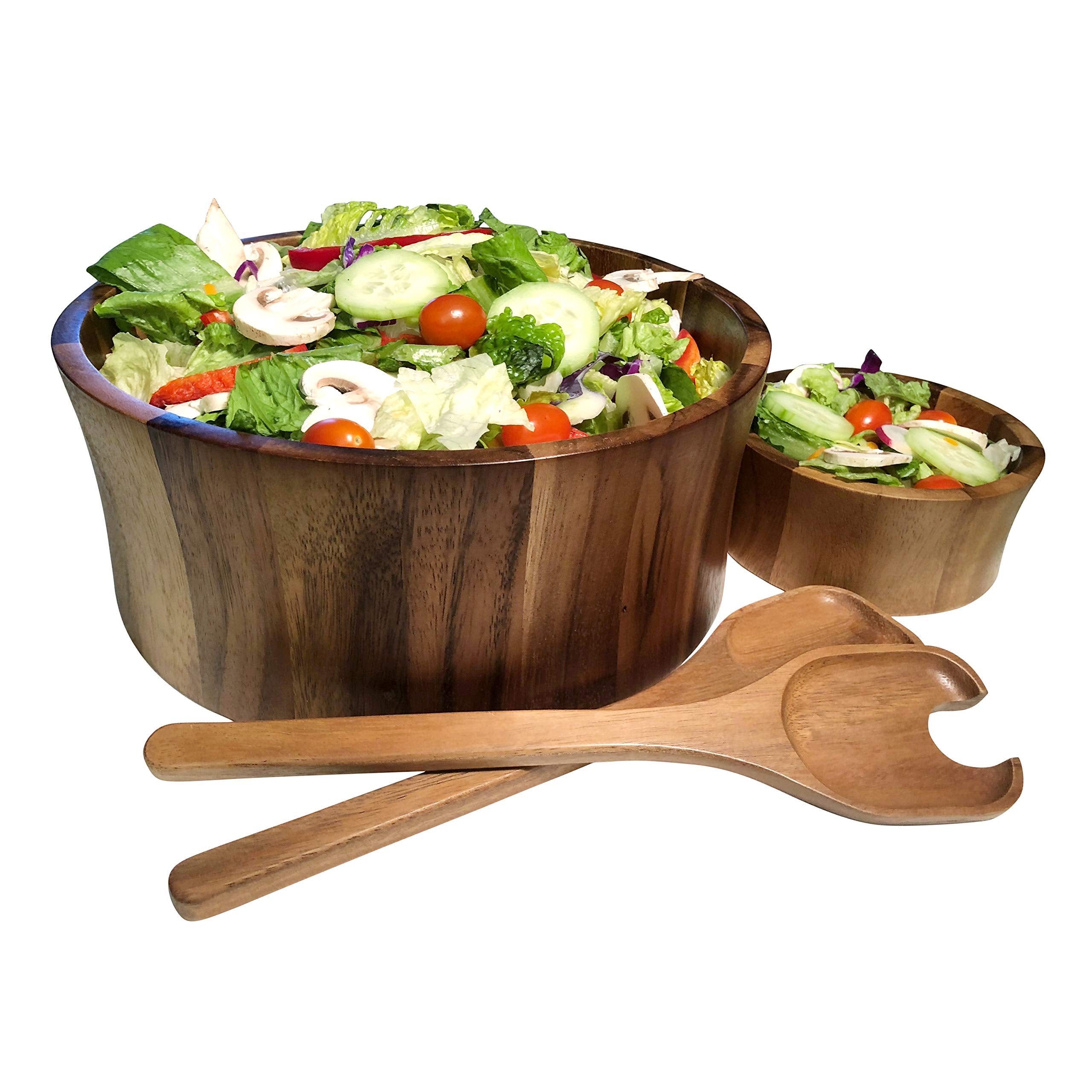 Kalmar Home 10-Inch Acacia Wood Large Maribo Salad Bowl With Servers