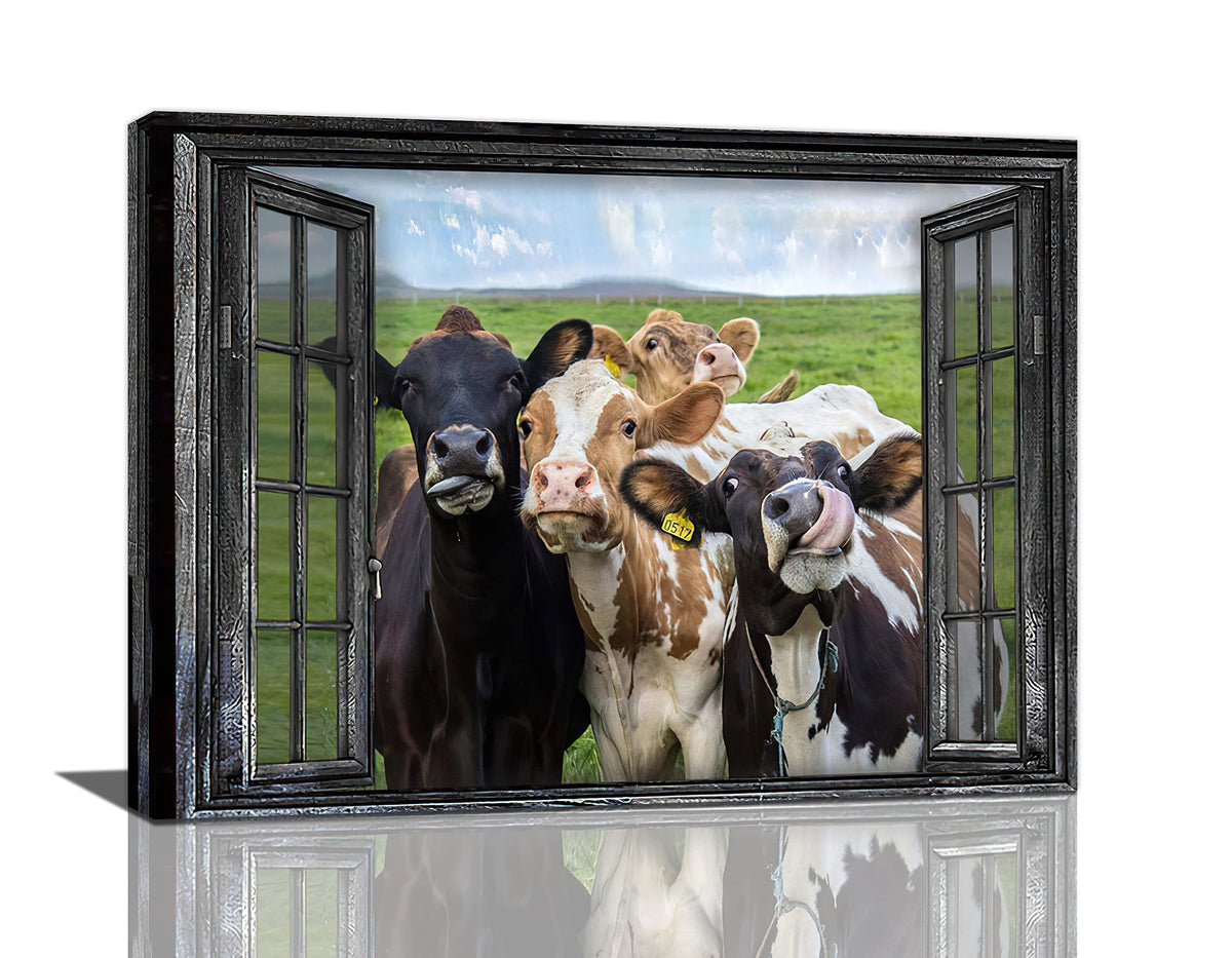 Exroozy Rustic Cow Wall Art Funny Cows Window Pictures Wall Decor Farmhouse Cow Canvas Painting Print Modern Artwork Country Roo