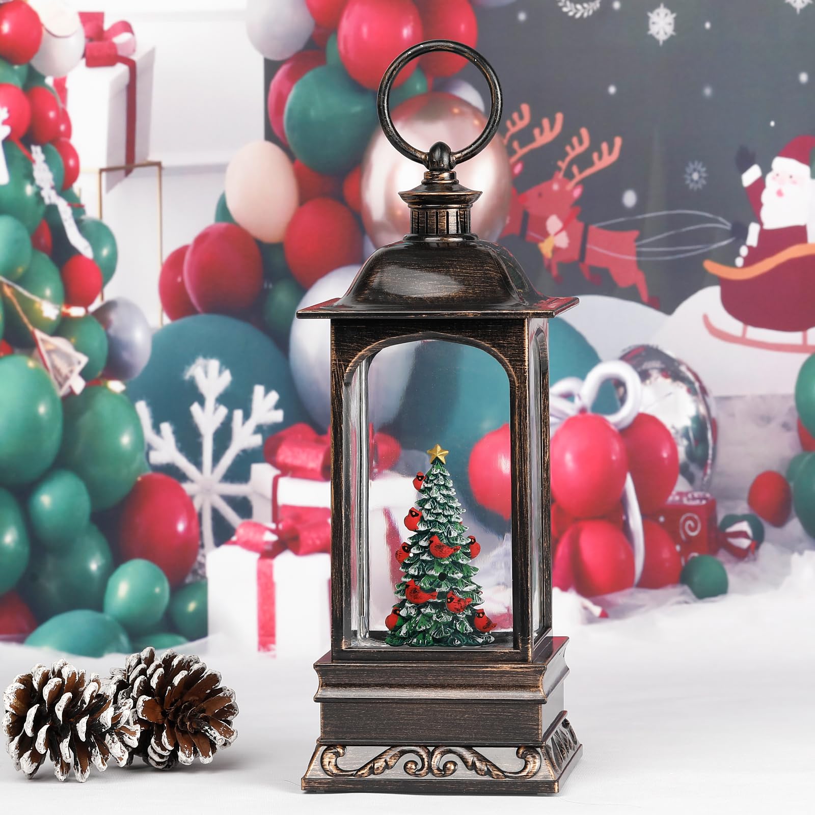 Snow Globe Christmas Decorations, 6H Timer Lighted Christmas Lantern Musical Snow Globe for Home Decor (Xmas Tree & Cardinals)