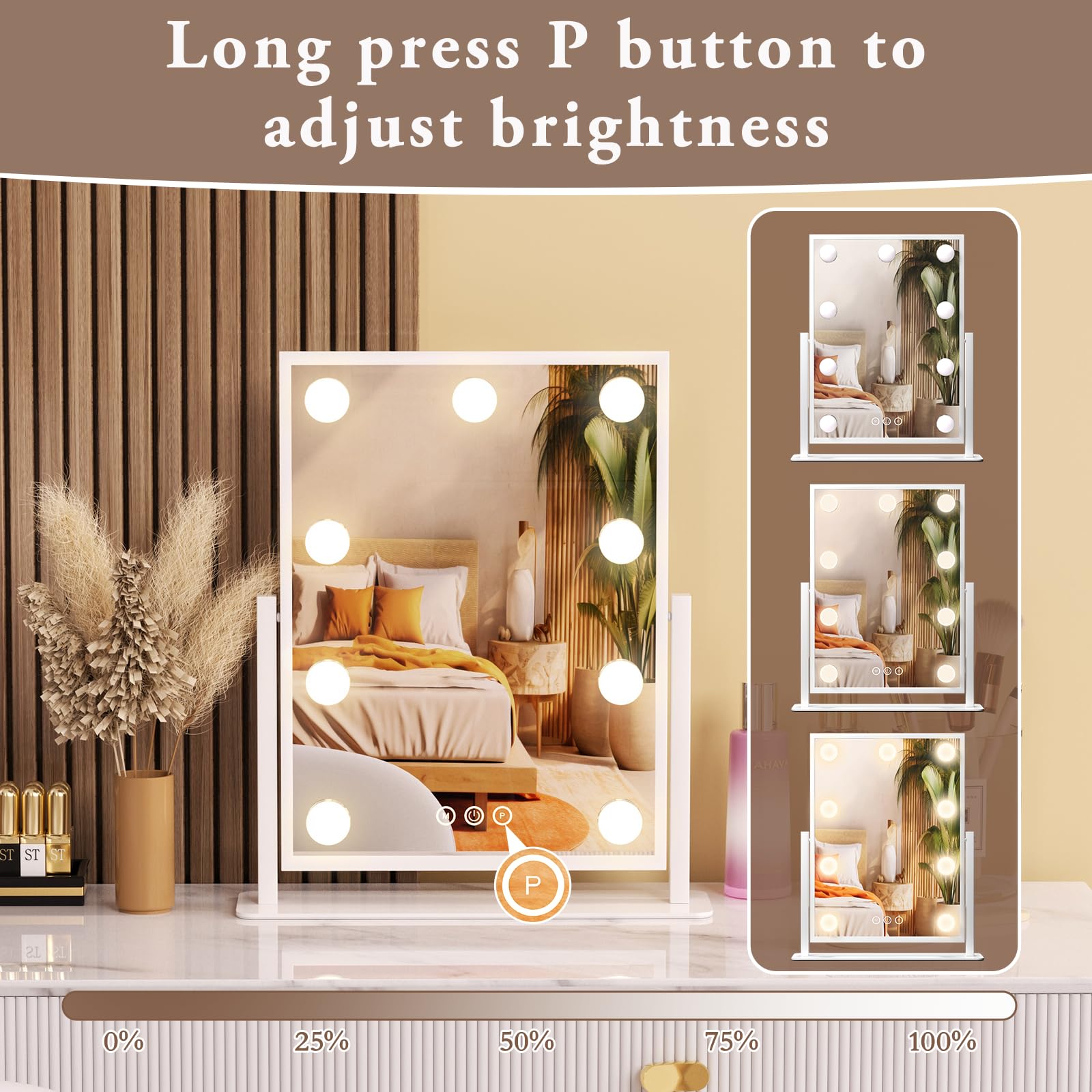 Vanity Mirror With Lights, Lighted Makeup Mirror Hollywood Makeup Mirror With 9 Dimmable Bulbs And 3 Color Lighting Modes, Smart